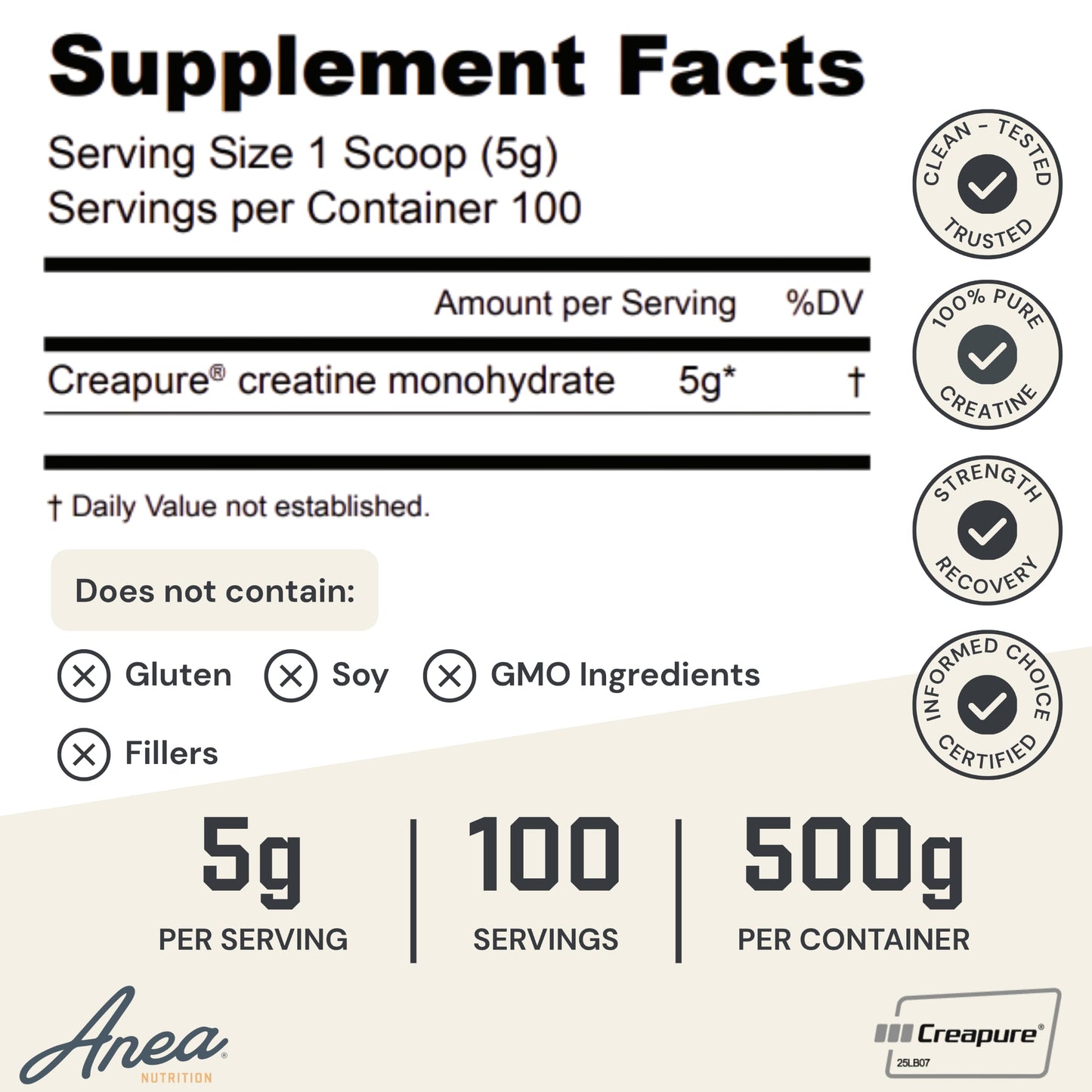 Anea Nutrition Creatine Monohydrate, Micronized, Creapure, Unflavored, 100 Servings Powder, 1.1 lb