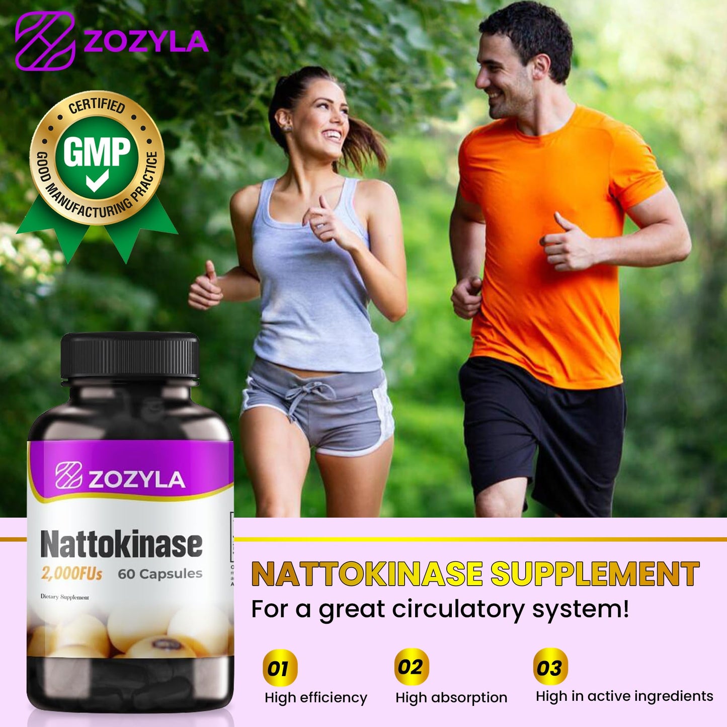ZOZYLA Nattokinase Supplement 2,000 FU, 60 Capsules
