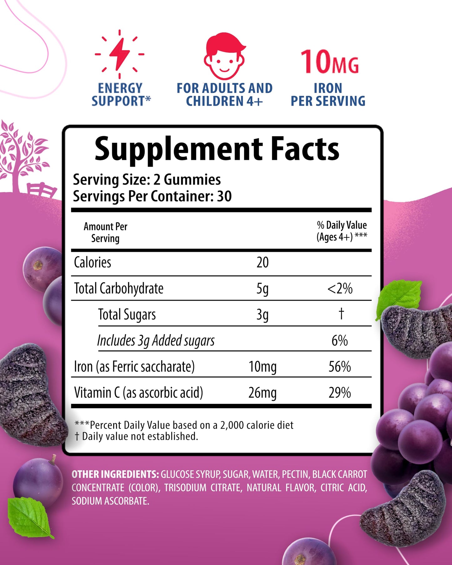 Sunny Sam Iron Gummies with Vitamin C - 10mg per Serving, Chewable Fruit Gummy, 60 Count