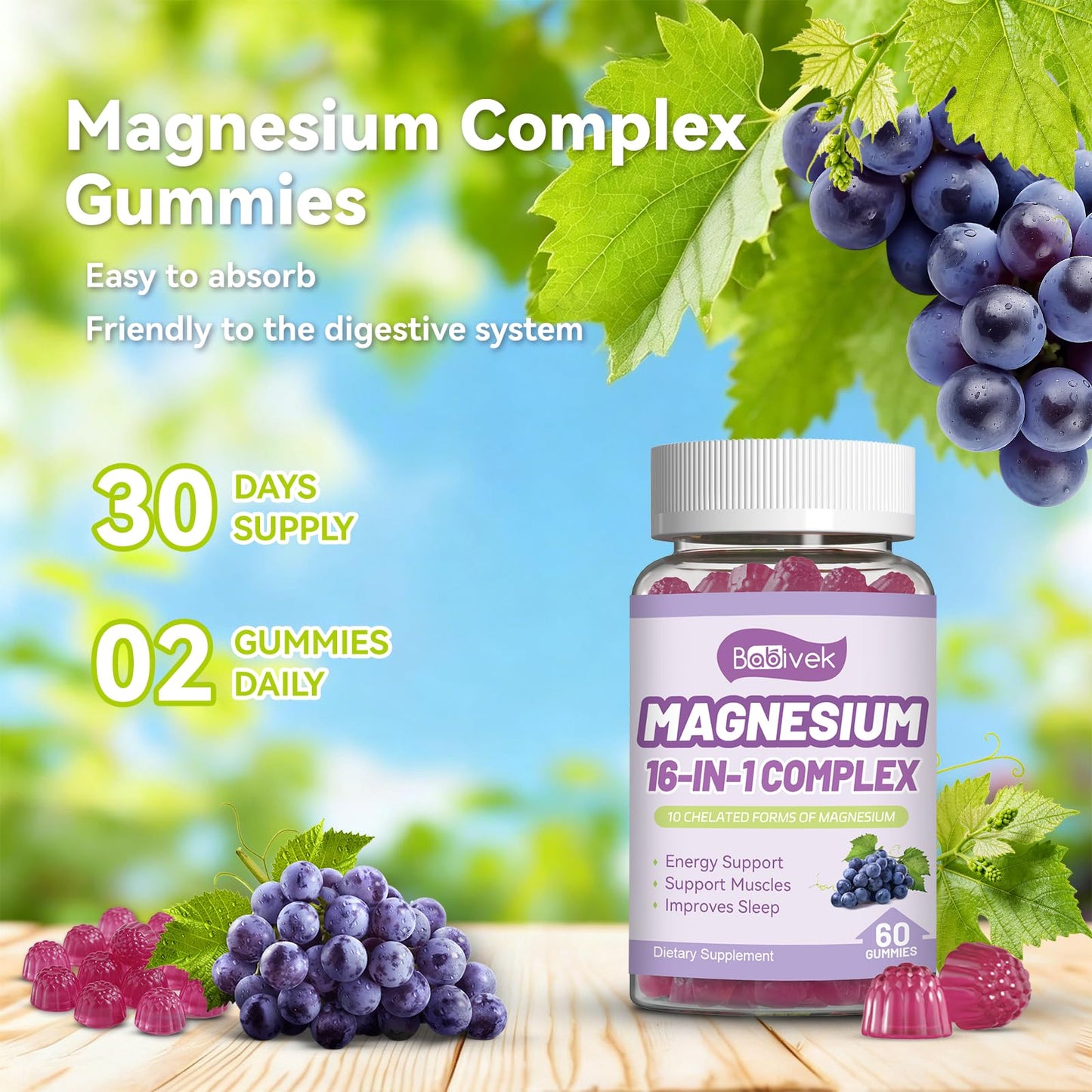Babivek Magnesium Gummies with Vitamin D3, C, B6, B12 & Zinc, 60 Gummies