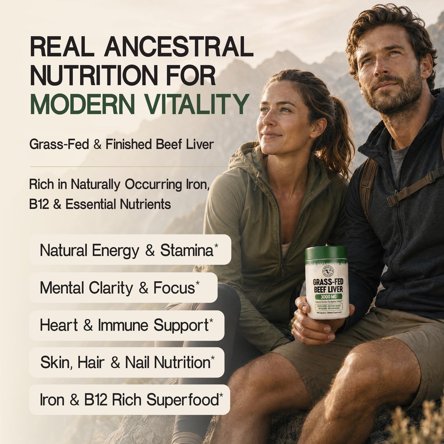 Primal Science Grass Fed Beef Liver Capsules 3000mg Desiccated Liver Supplement 100% Pasture Raised & Freeze Dried Natural Iron, Vitamin A & B12 for Energy Non-GMO, No Fillers 180 Count