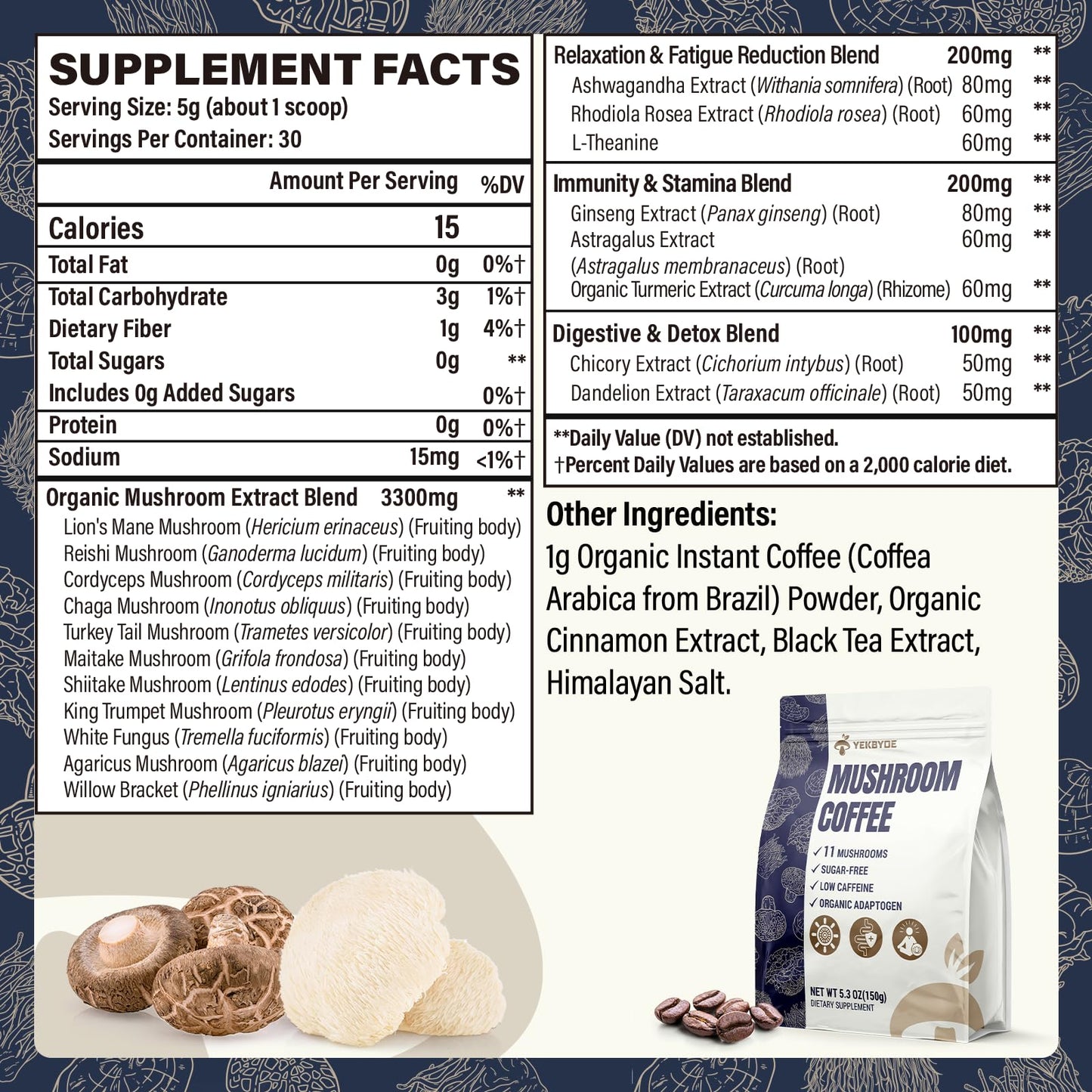 YEKBYOE Mushroom Coffee Powder 5.3 oz