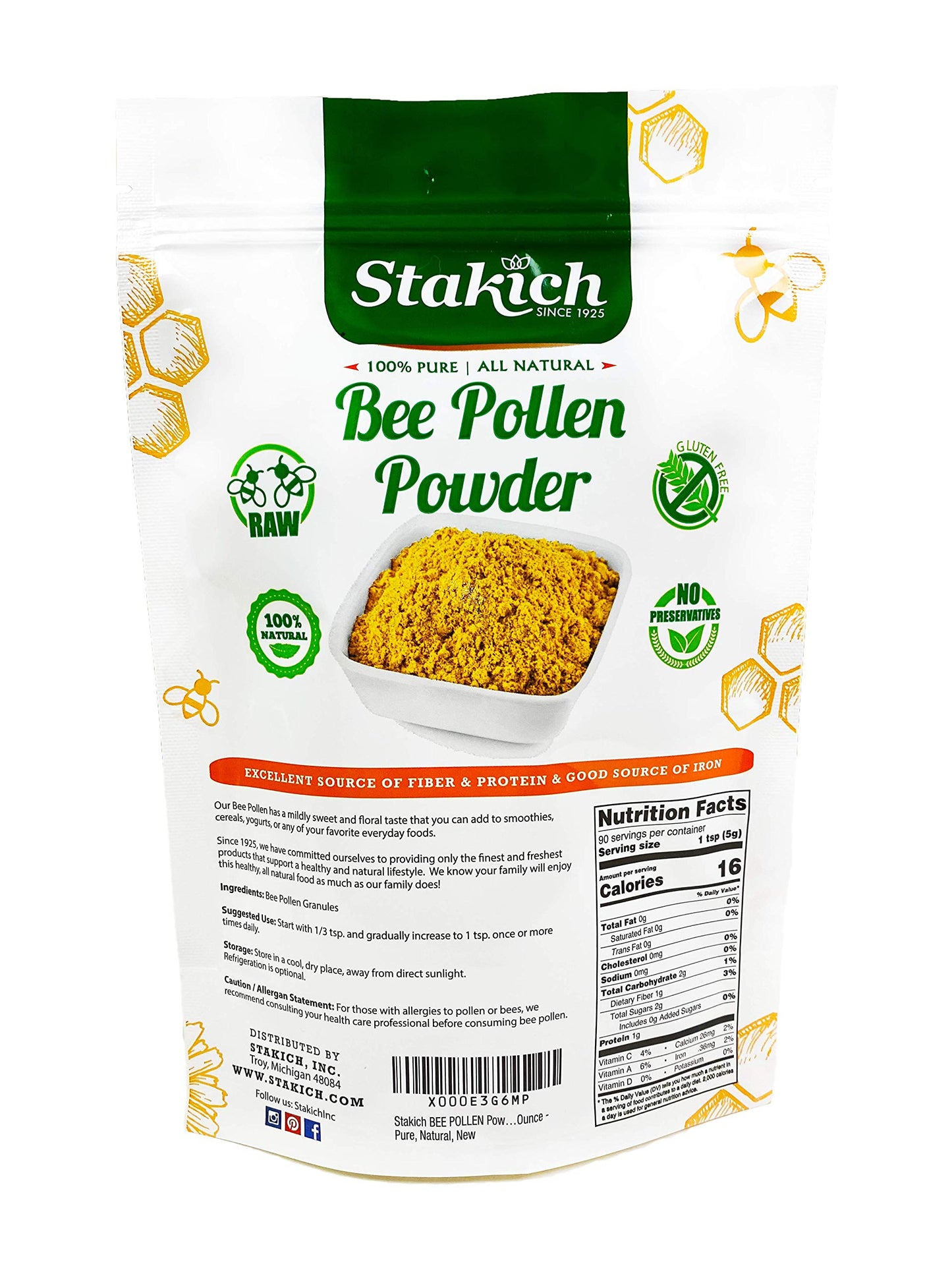 Stakich Bee Pollen Powder, 16 oz