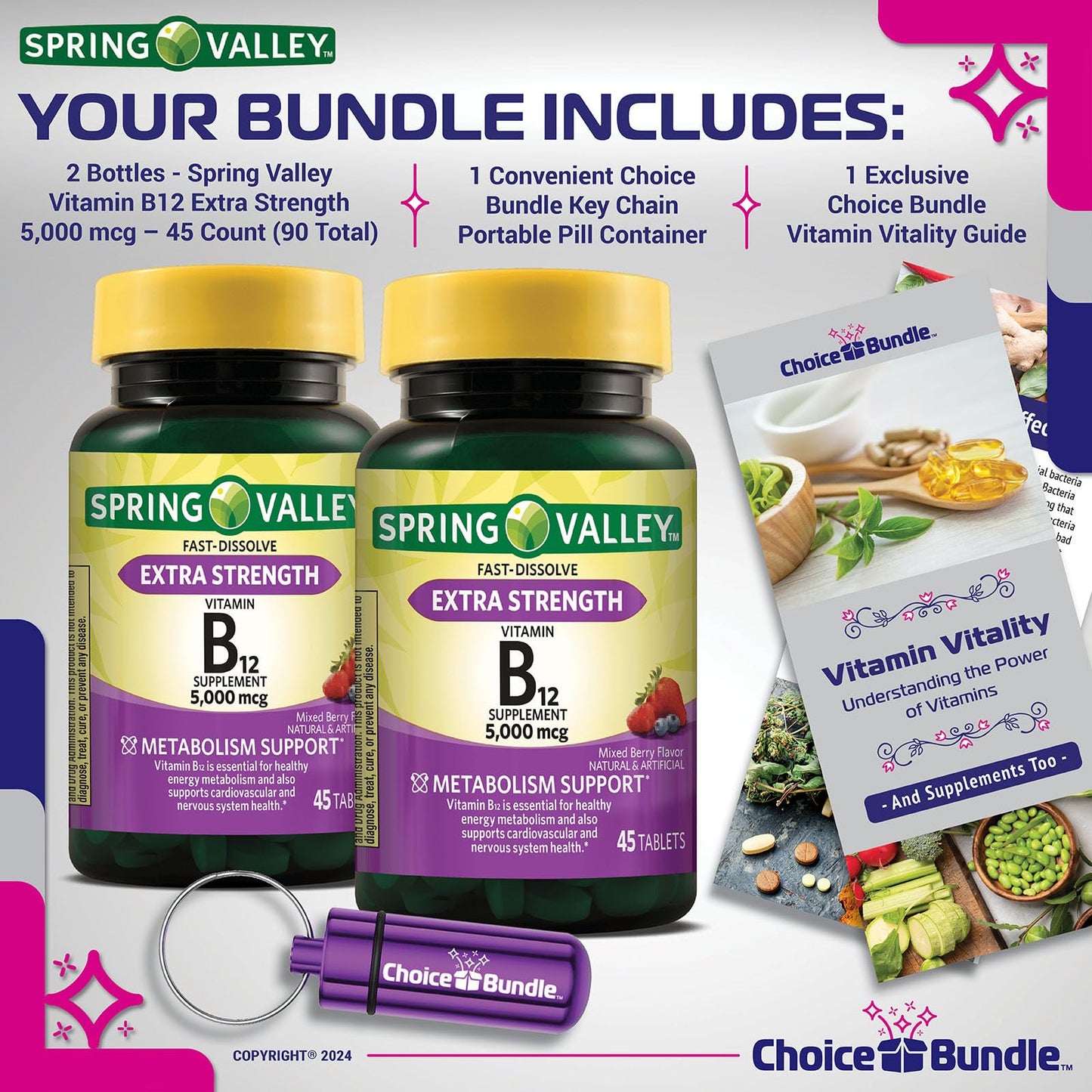 Choice Bundle Vitamin B12 Fast Dissolve Tablets 5000 mcg Extra Strength Metabolism Support, 90 Tablets