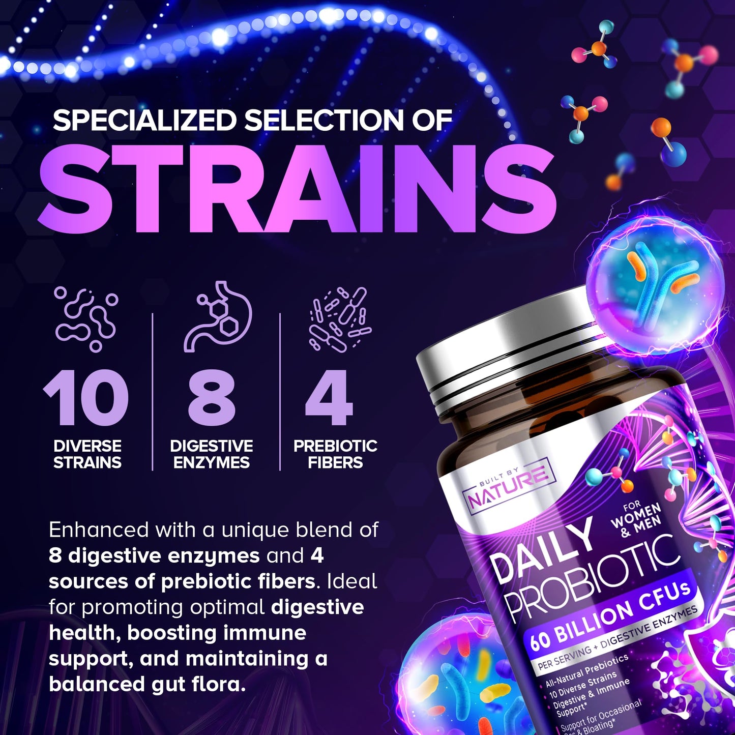 Built by Nature Probiotic for Women & Men – 60 Billion CFU, 10 Strains + Prebiotics & Digestive Enzymes – Supports Digestive, Immune, Reduce Gas & Bloating – Shelf Stable, Non-GMO, 120 Capsules