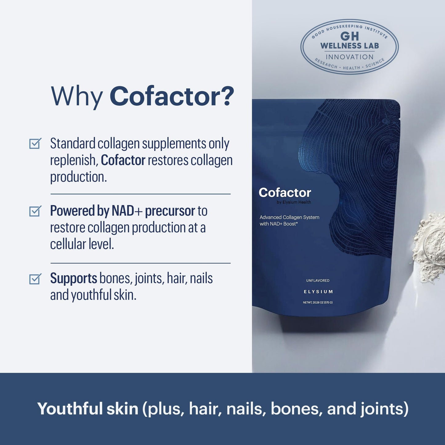 ELYSIUM Cofactor 4-in-1 Collagen Peptides Powder with NAD+, Hyaluronic Acid & Vitamin C, Unflavored, 28 Servings