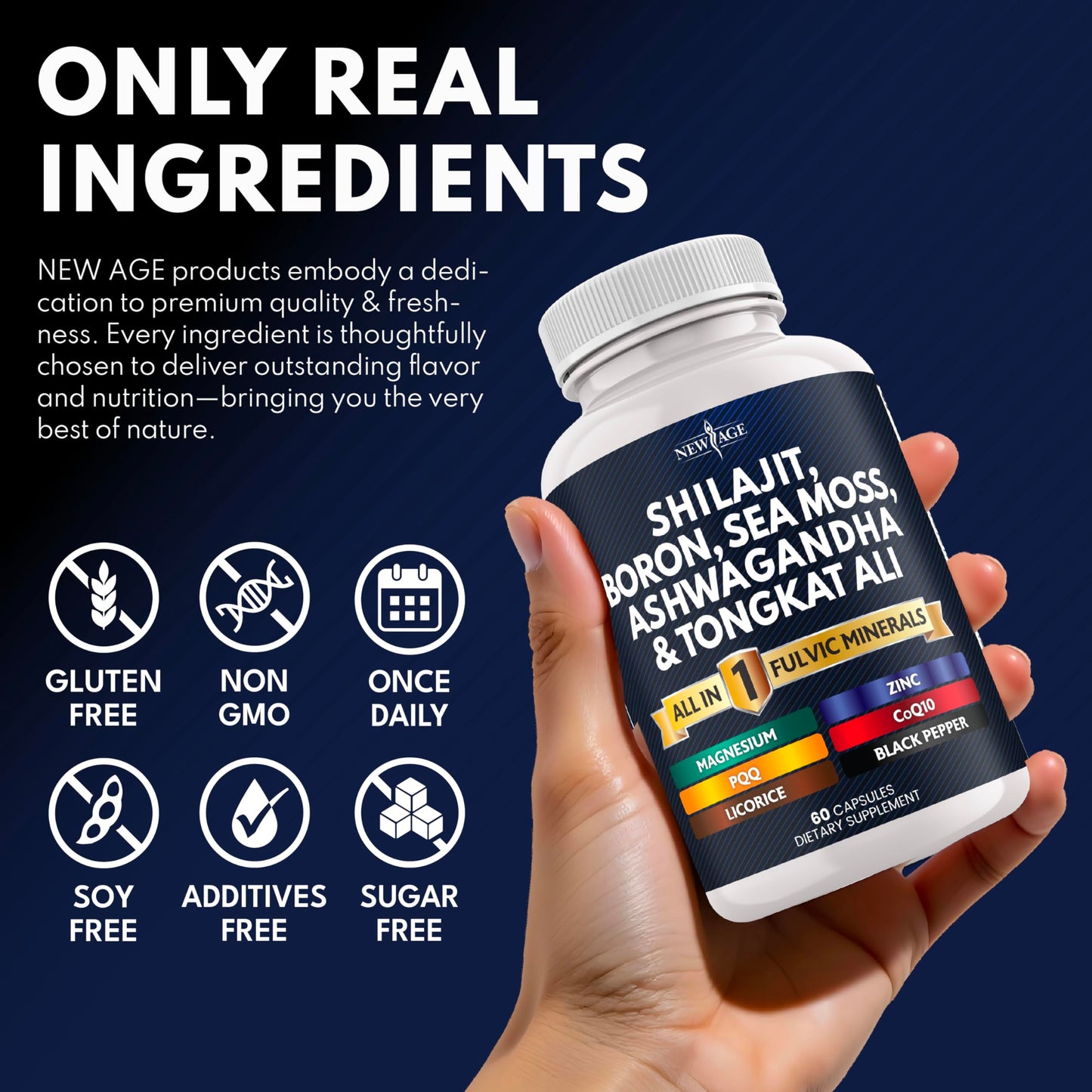 NEW AGE Shilajit Supplement with Sea Moss, Ashwagandha, Tongkat Ali, Boron, Magnesium Fulvic Acid Capsules, 60 Count