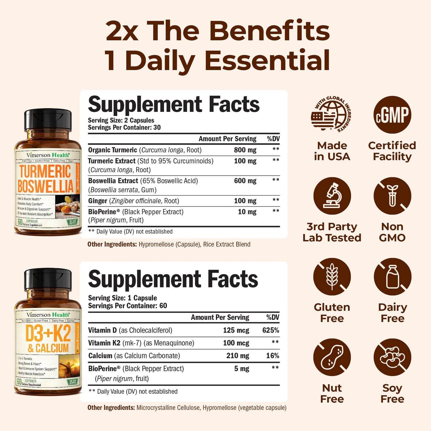 Vimerson Health Boswellia Turmeric Curcumin Supplement + Vitamin D3 K2 5000 IU Capsule, 120 Count