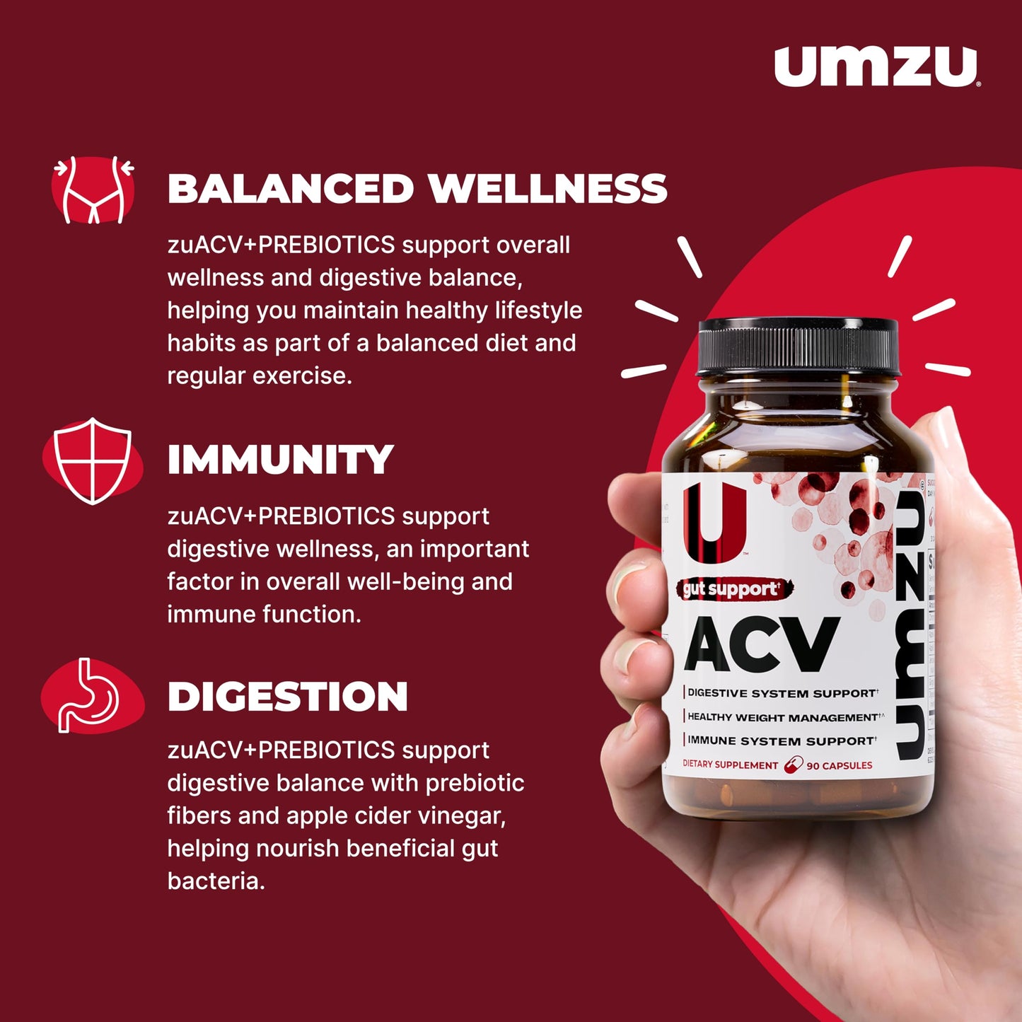 UMZU zuACV Apple Cider Vinegar + Prebiotics Capsules, 90 Count