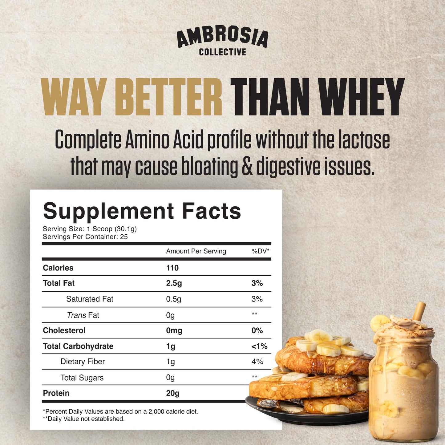 Ambrosia Plant Based Protein Powder Pea Protein Banana Maple, 25 Servings
