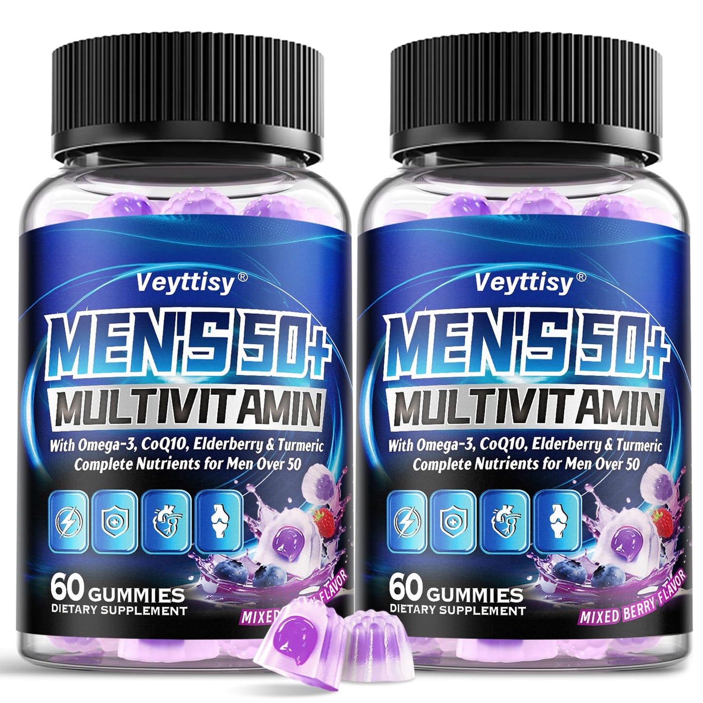 Veyttisy Sugar Free Multivitamin Gummies for Men 50 Plus - Methylated Multivitamin with Omega-3, CoQ10, Elderberry & Turmeric for Energy, Immune, Gut Health Support - Vegan, Non-GMO, Gluten-Free 120 Gummies