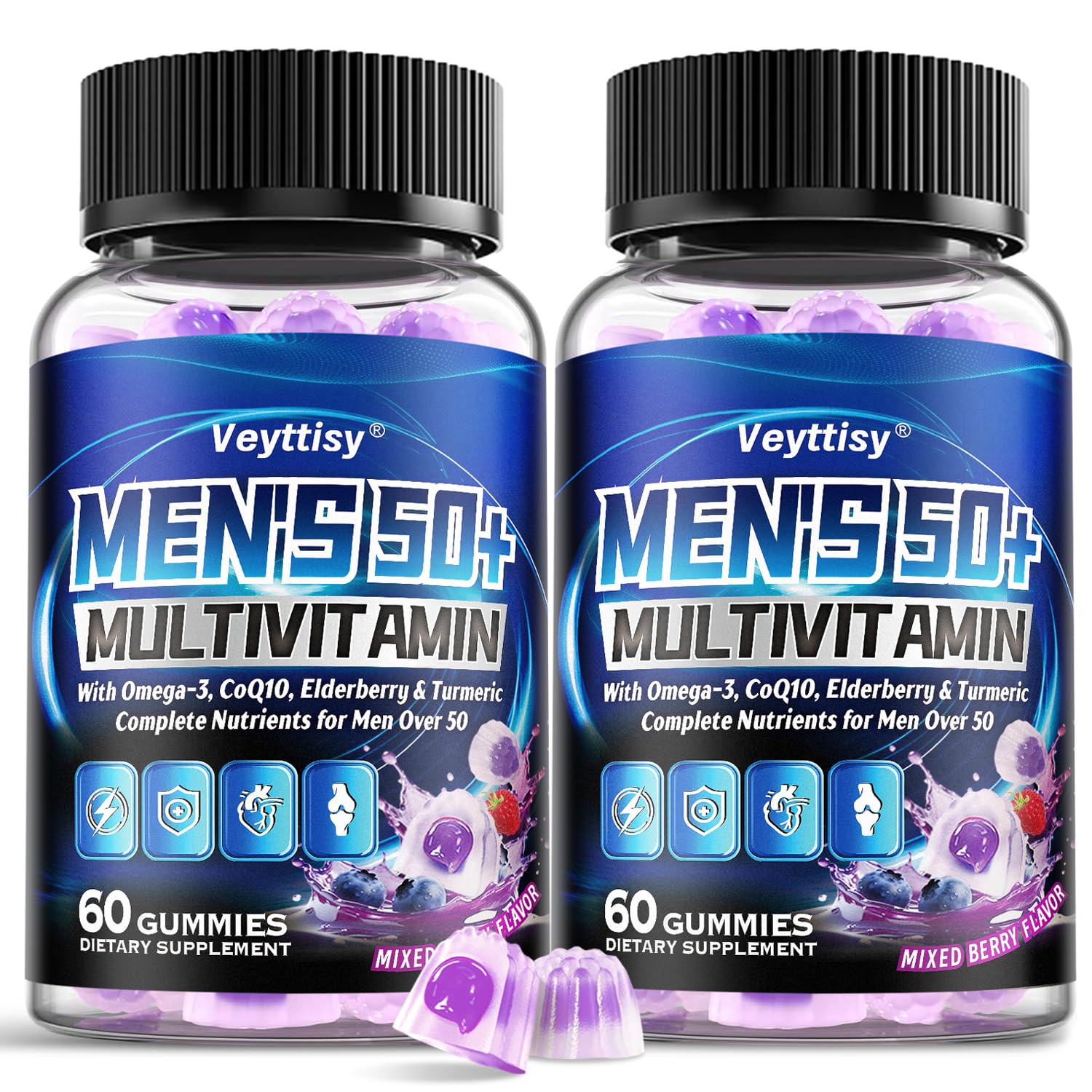 Veyttisy Sugar Free Multivitamin Gummies for Men 50 Plus - Methylated Multivitamin with Omega-3, CoQ10, Elderberry & Turmeric for Energy, Immune, Gut Health Support - Vegan, Non-GMO, Gluten-Free 120 Gummies