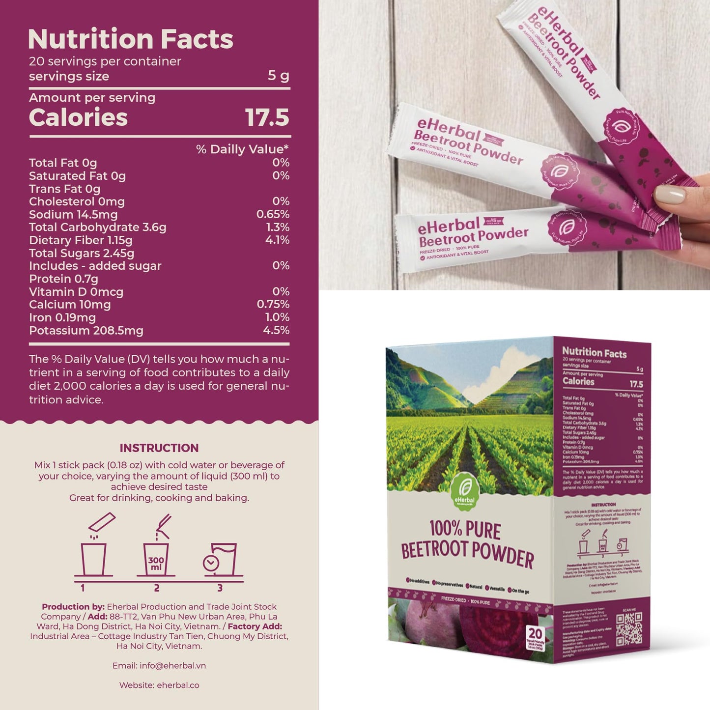 eHerbal PURE NATURE, PURE LIFE Beetroot & Celery Powder Pack Sticks 7.2