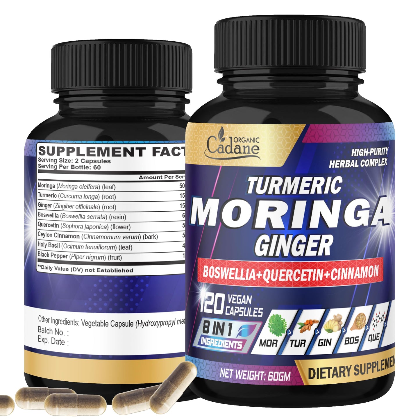 Organic Cadane Moringa Leaf Turmeric Ginger Supplement Capsules 120 Count