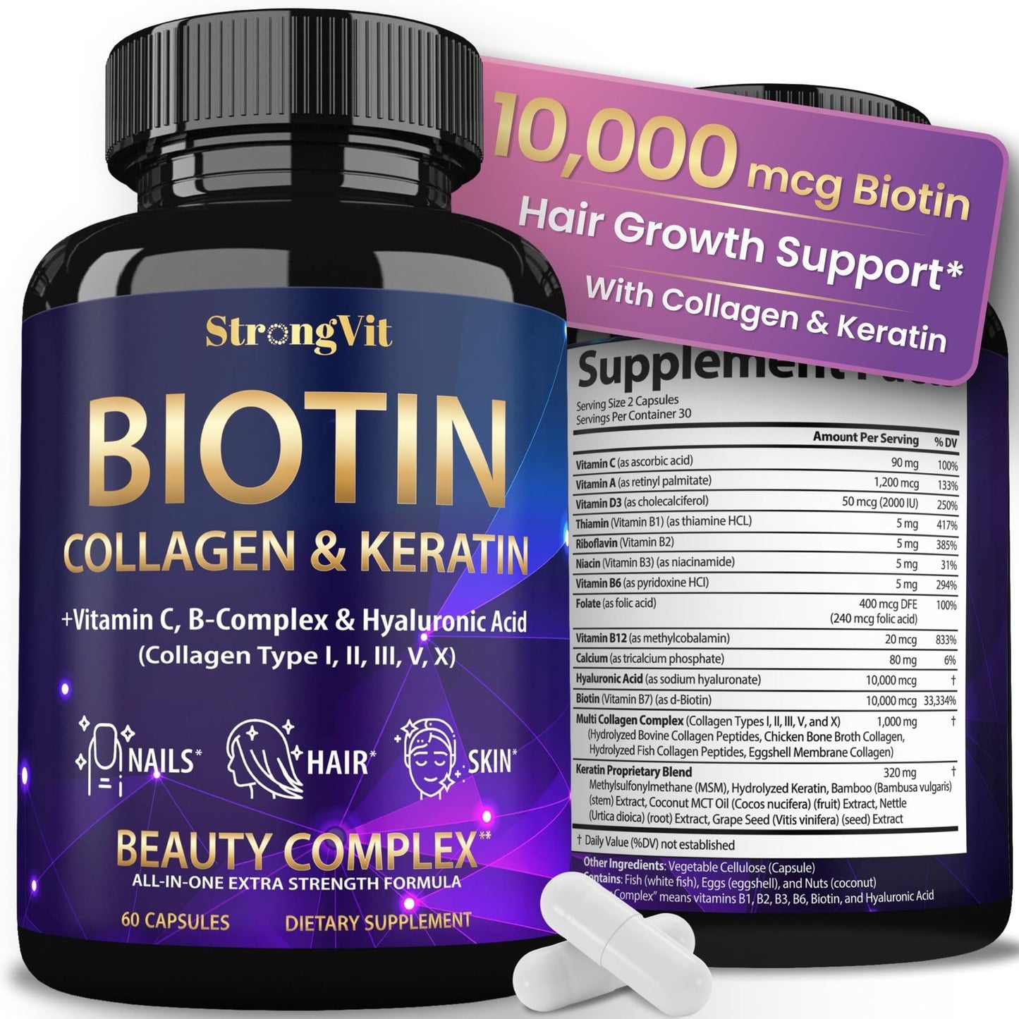 StrongVit Biotin with Hyaluronic Acid, Keratin & Collagen Supplements - 10000mcg for Hair Growth - Hair Skin & Nails Vitamins, 60 Capsules