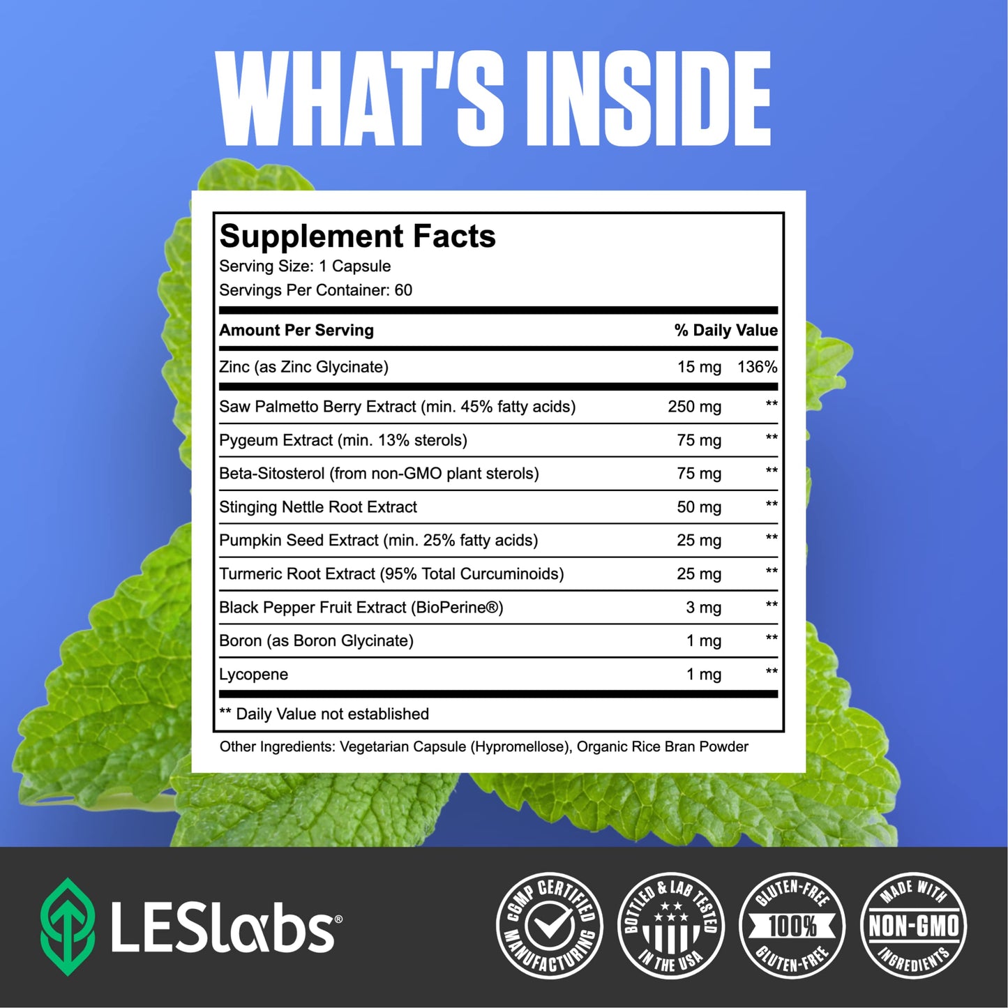 LES Labs Prostate Health Prostate Support, Urinary Tract Health, Fewer Bathroom Visits & Improved Sleep, Saw Palmetto, Pygeum, Beta Sitosterol & Nettle Root, Non-GMO, 60 Capsules