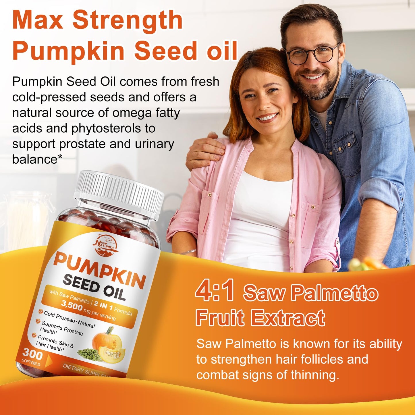 Nature's live Pumpkin Seed Oil with Saw Palmetto Softgels, 300 Count