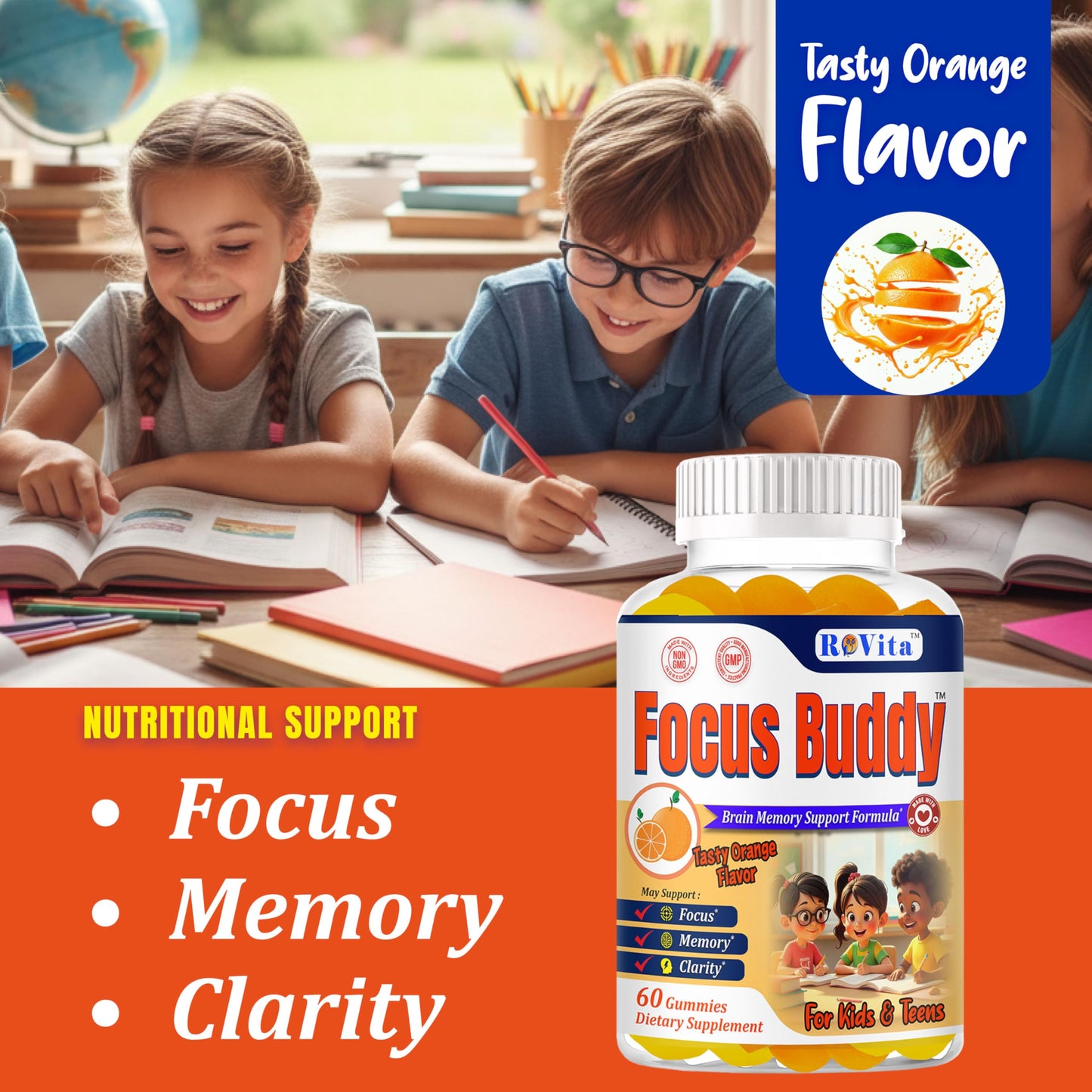 ROVita Focus Buddy Kids Focus and Attention Supplements Gummy, 60 Gummies