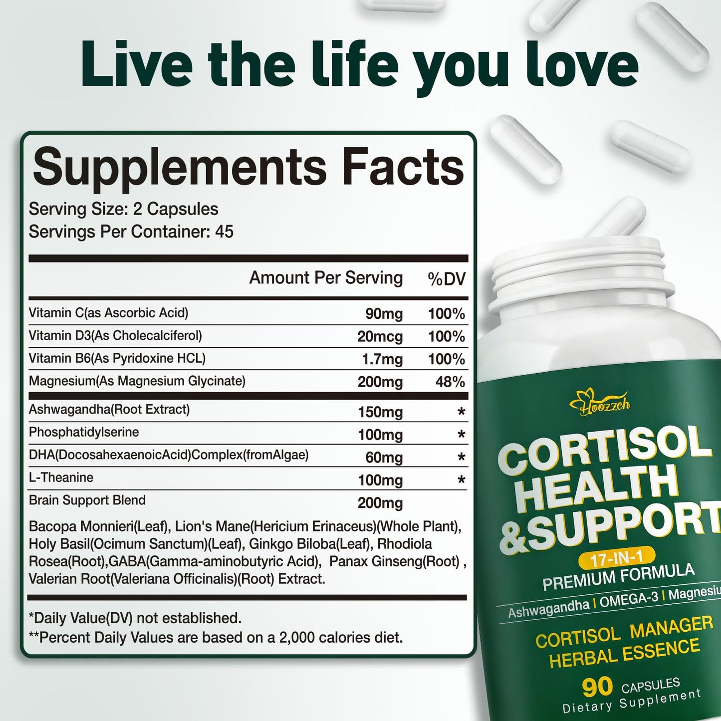 Hoozzch Cortisol Reducer with Magnesium, Ashwagandha & L-Theanine Capsules, 90 Capsules