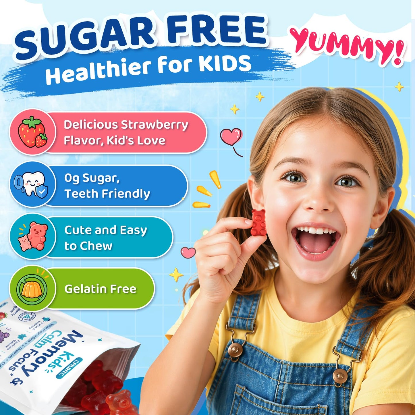 CFILIHTC Kids Focus & Memory Gummies with Magnesium Glycinate, Phosphatidylserine & Choline - Support Brain, Attention & Focus for Kids, Learning & Cognitive Development – Sugar Free Strawberry, 60 Gummies