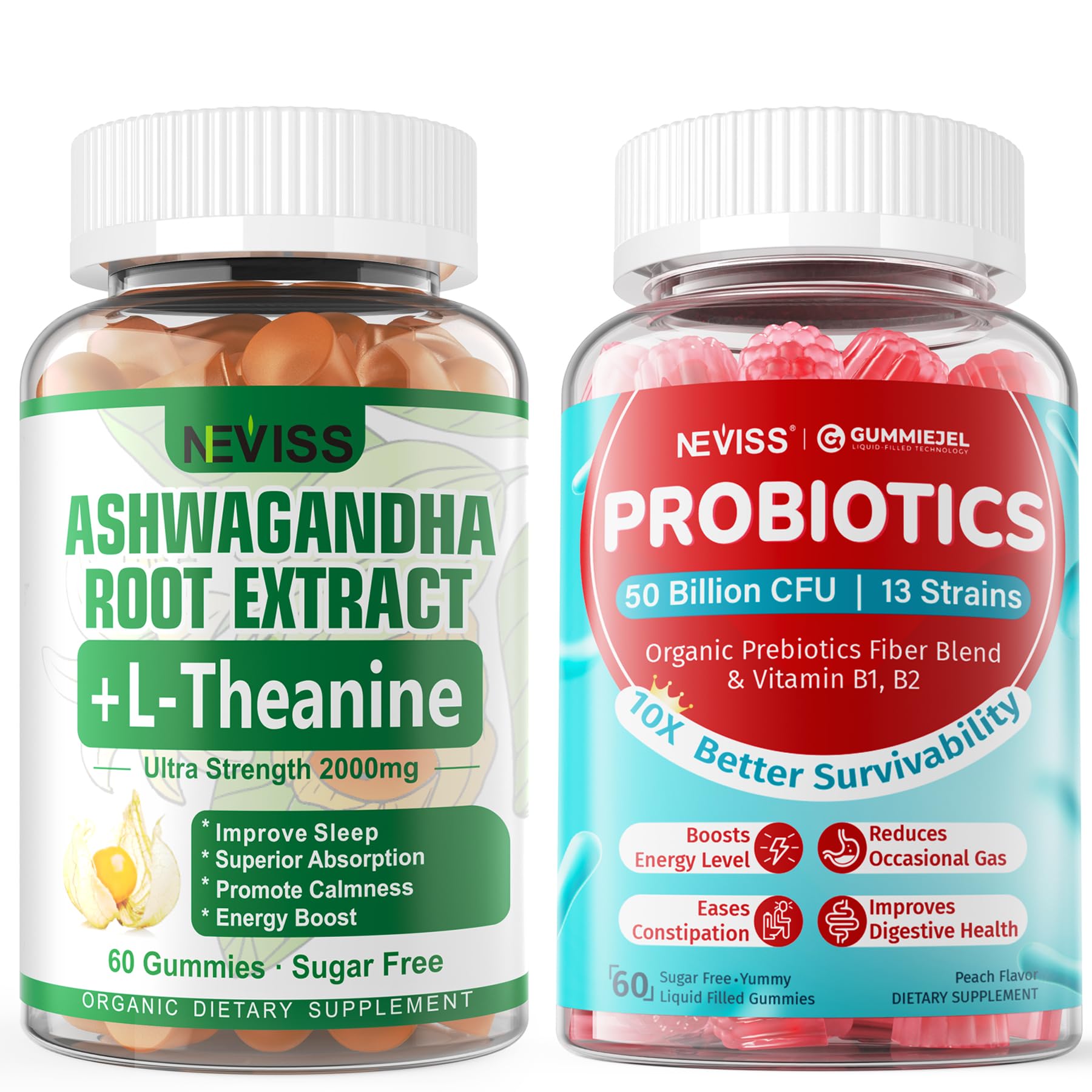 NEVISS Ashwagandha Gummies 2000mg +Sugar Free Probiotics Gummies
