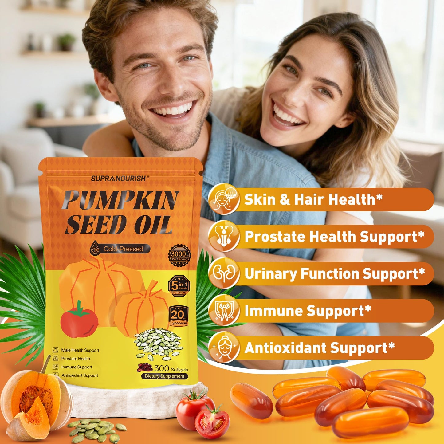 SUPRANOURISH Pumpkin Seed Oil 3000mg + Saw Palmetto 300mg + Lycopene 20mg Softgels, 300 Count