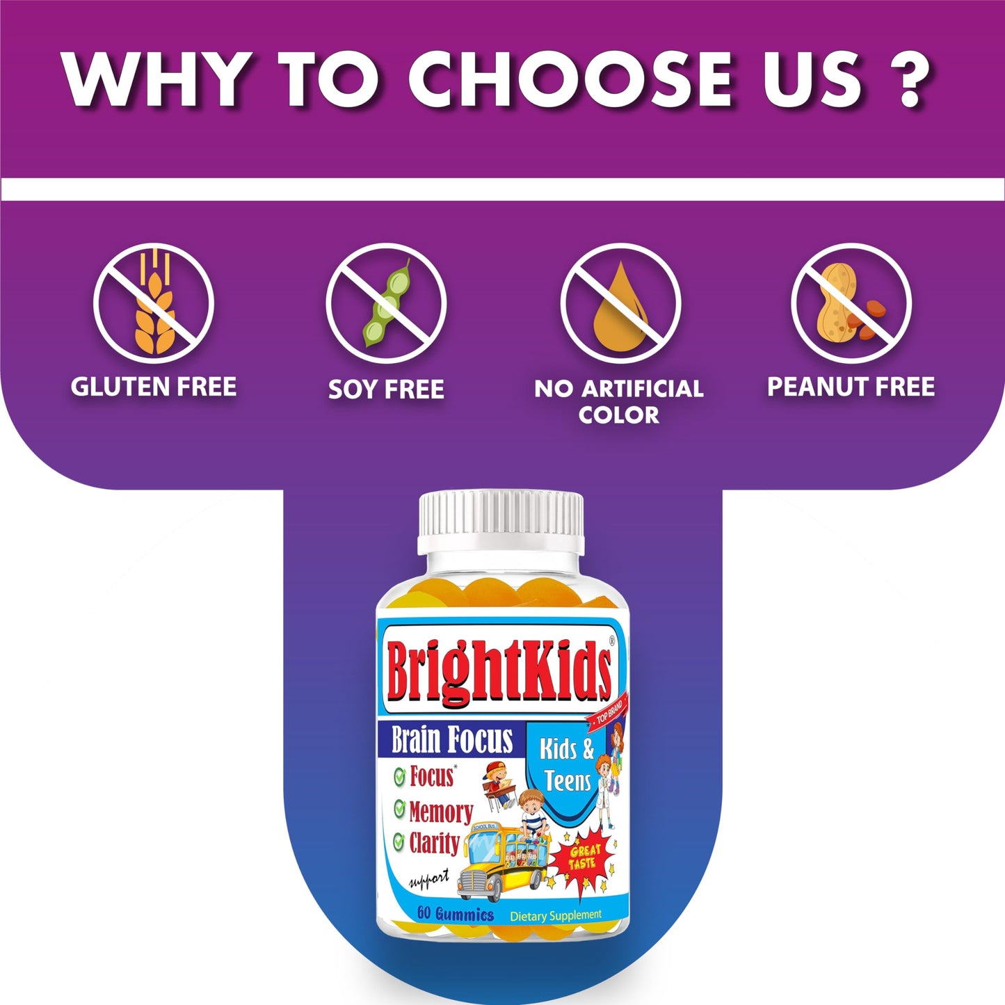BrightKids Focus Gummies for Kids & Teens 60 Count