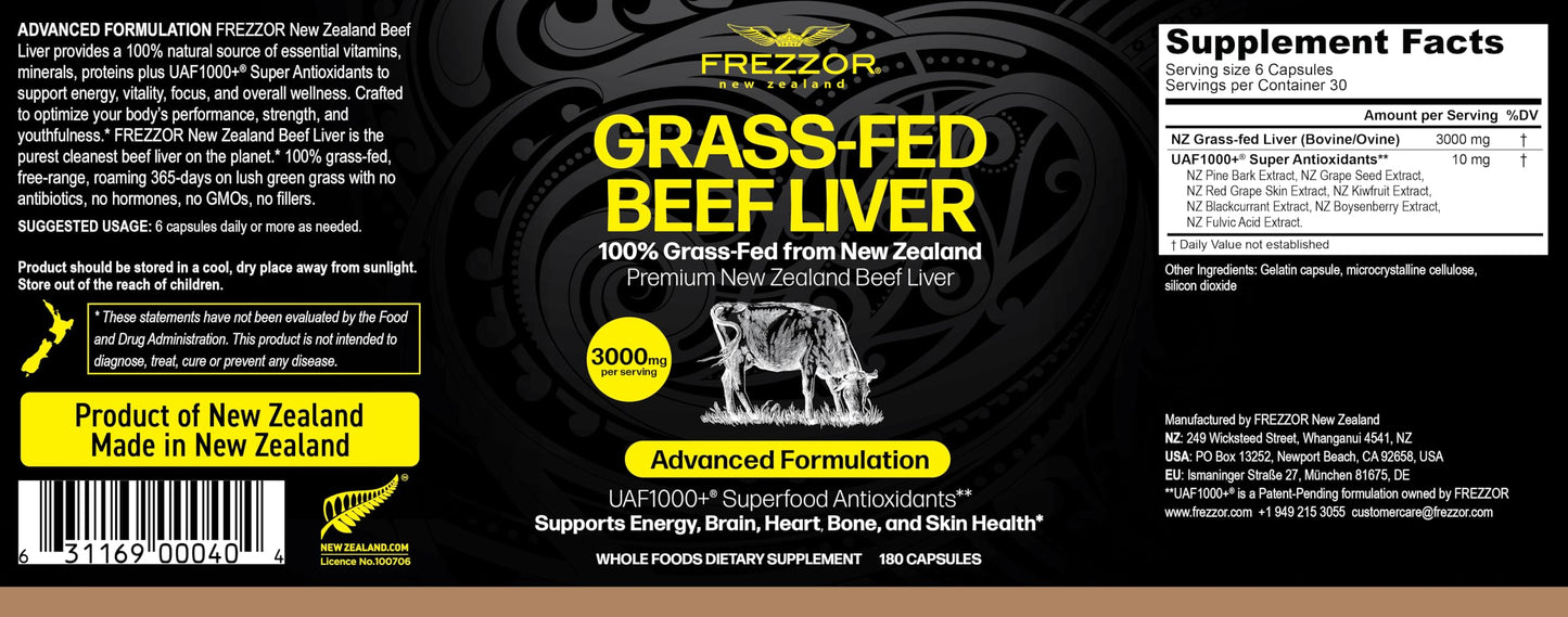 FREZZOR New Zealand 100% Live-Grass-Fed Beef Liver Capsules, 180 Count