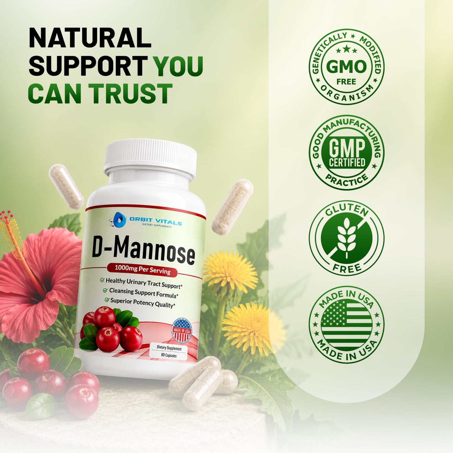 Orbit Vitals D-Mannose with Cranberry, Dandelion & Hibiscus Extract Aids in Bladder, Urinary Tract Support, Flush Impurities, Ultra Absorption Gluten Free & Non GMO, 60 Capsules