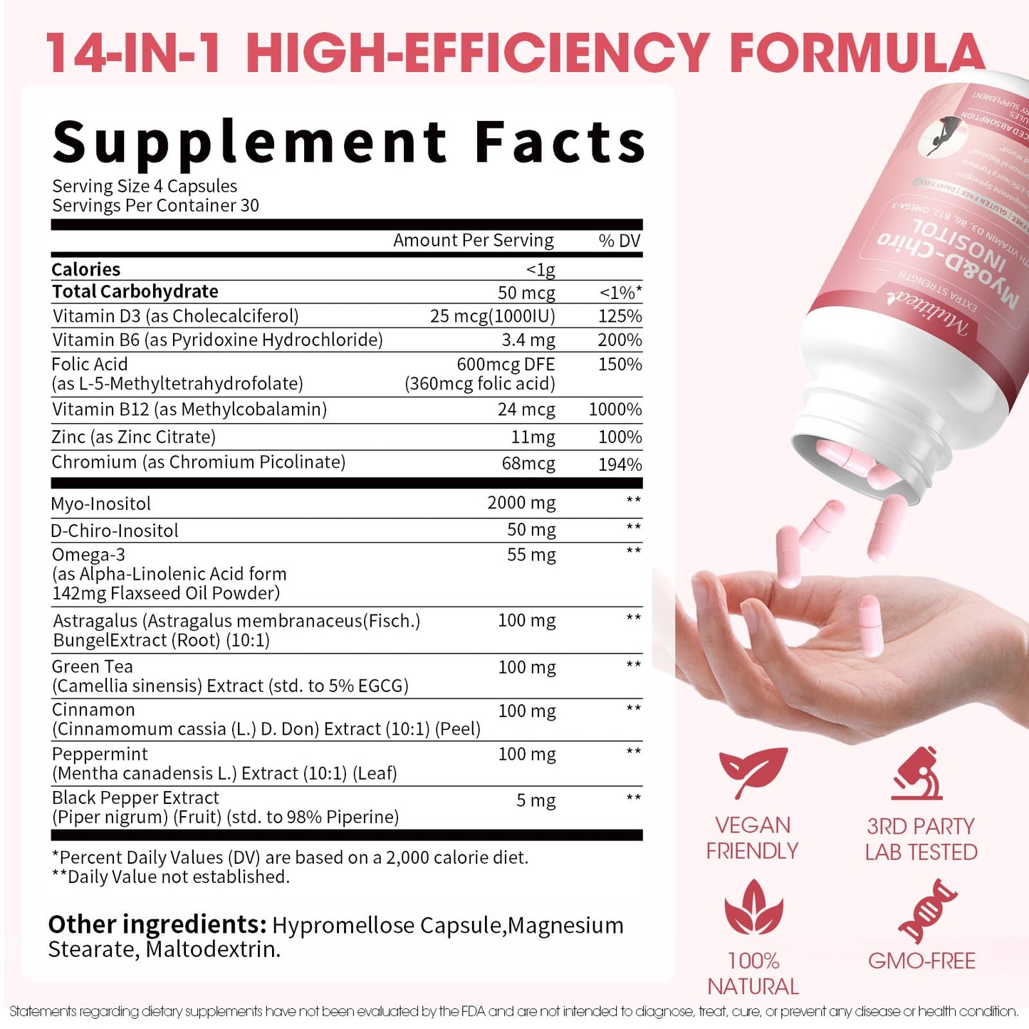 Mulittea Myo-Inositol & D-Chiro Inositol Supplement for Women, 14-in-1 Liposomal Inositol with Folic Acid, Omega-3 & Multivitamin for Hormone Balance, Support Ovarian, Skin & Mood, 120 Vegan Capsules