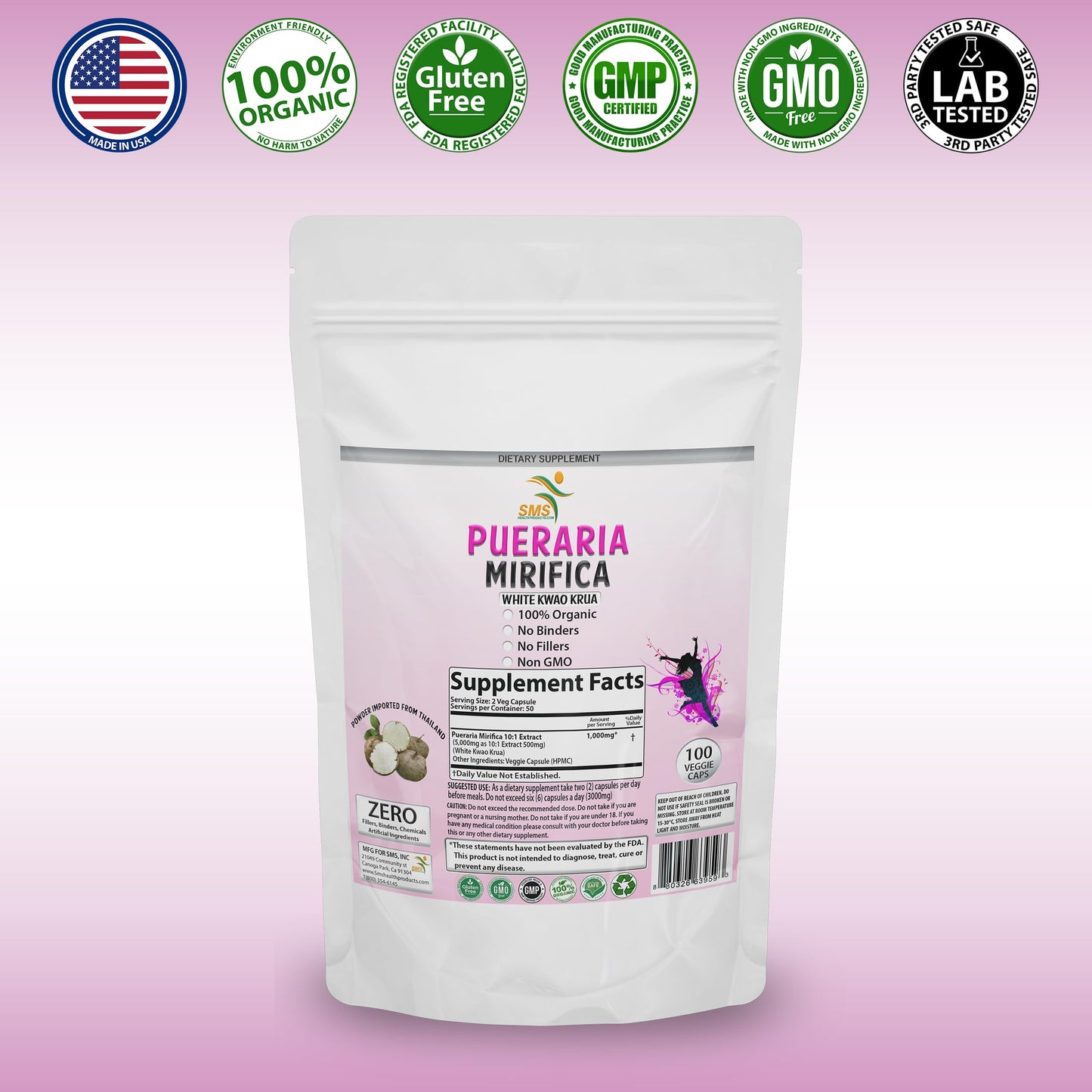 SMSHEALTHPRODUCTS.com Pueraria Mirifica White Extract Powder Capsule, 100 Count