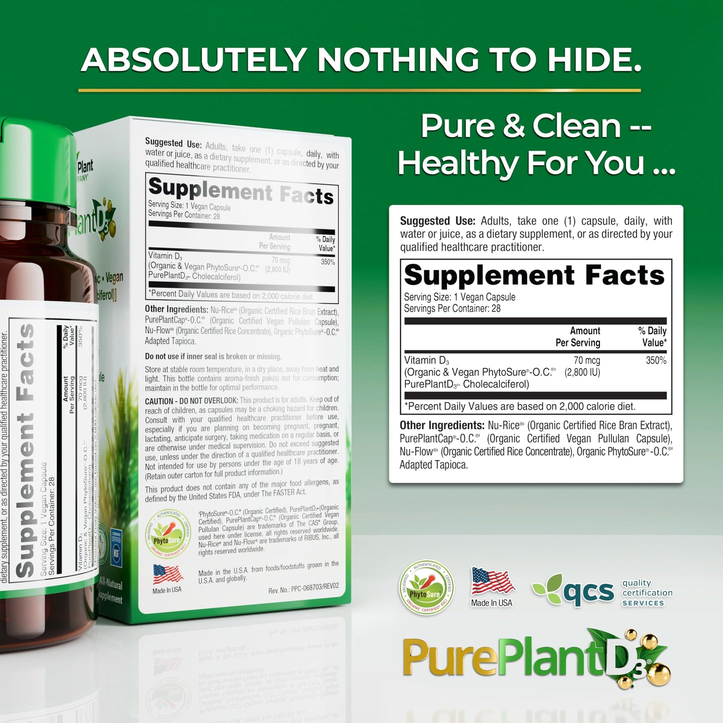 The Pure Plant Company PurePlantD3 2,800 IU Organic Vegan Vitamin D3 from Pine - Bone, Immune & Muscle Support - Cholecalciferol 70 mcg, Non-GMO, Gluten-Free, 28 Capsules