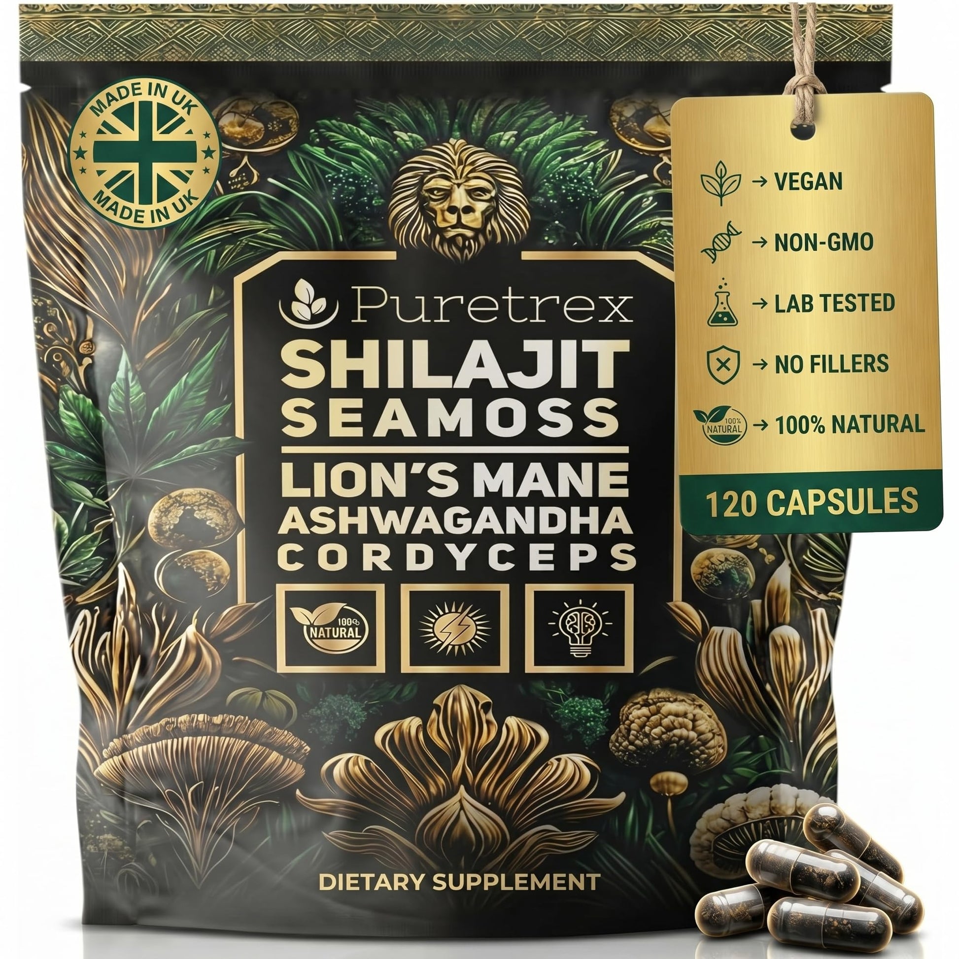 PURETREX Shilajit Sea Moss Lions Mane Ashwagandha Cordyceps 6-in-1 Mushroom Complex with BioPerine Capsules, 400mg Shilajit Extract, 120 Count