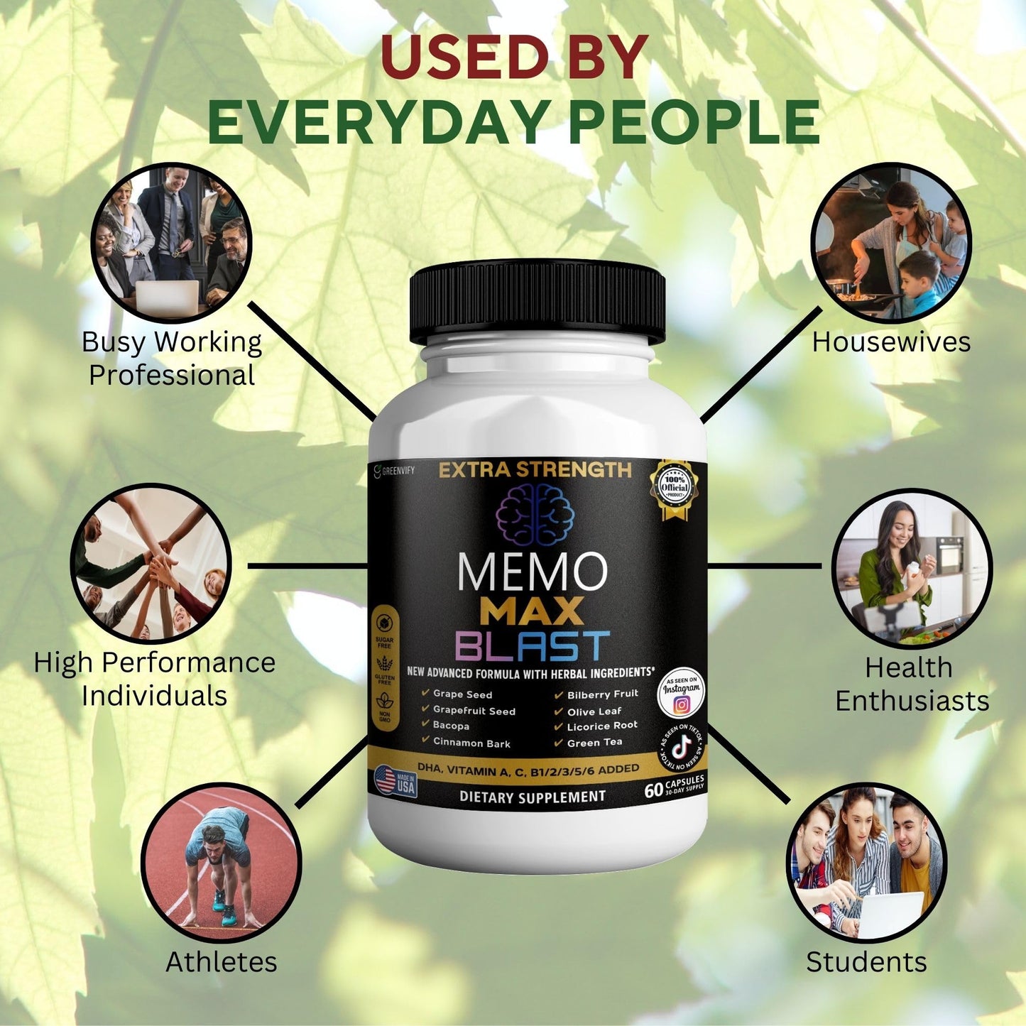 GREENVIFY Memo Max Blast Extra Strength Brain Supplement 60 Capsules