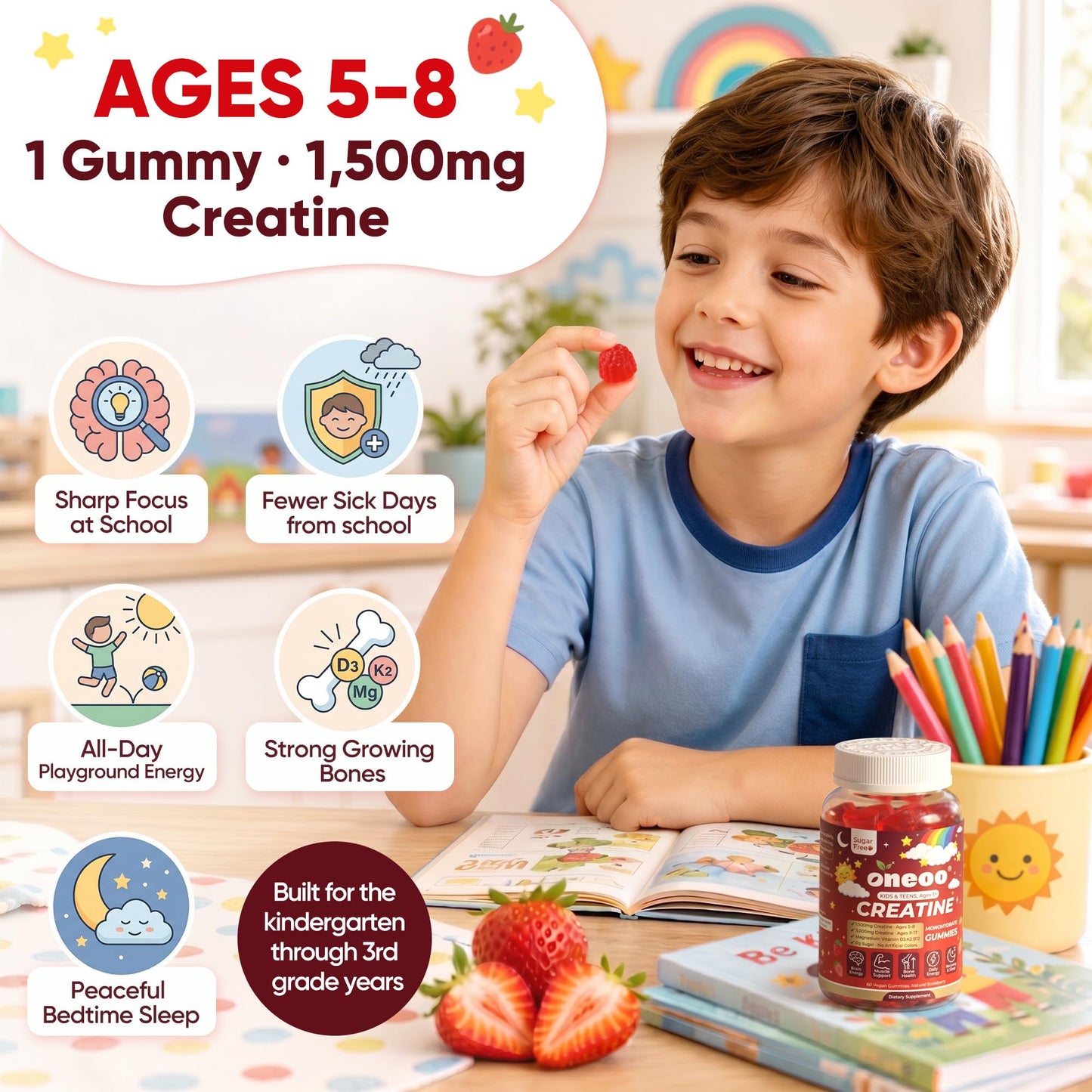 Oneoo Creatine Monohydrate Gummies for Kids & Teens Ages 5+, with 1500mg-3000mg Creatine Monohydrate, D3+K2 + Magnesium + B12, Sugar-Free Strawberry, 120 Gummies
