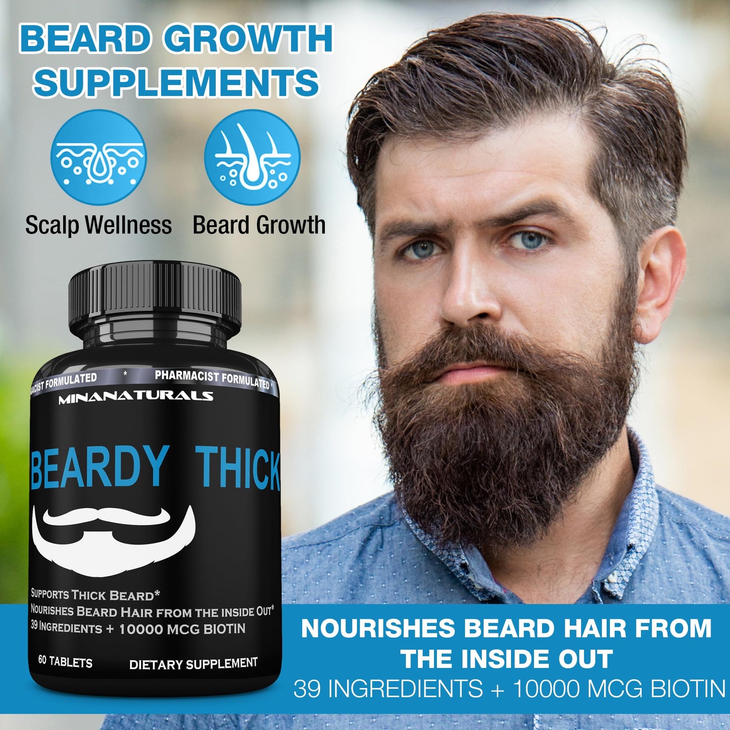 MINANATURALS BEARDY Thick Beard Growth Vitamins for Men Tablets, 60 Tablets
