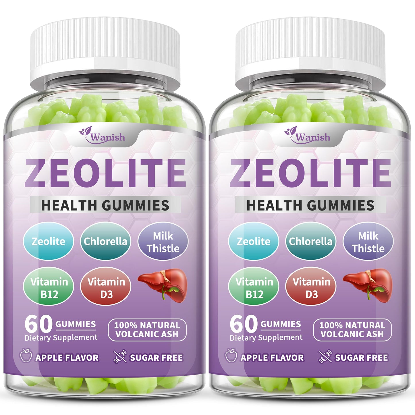 Wanish Zeolite Gummies for Adults with Clinoptilolite, Chlorella, Milk Thistle & Vitamins, 60 Gummies