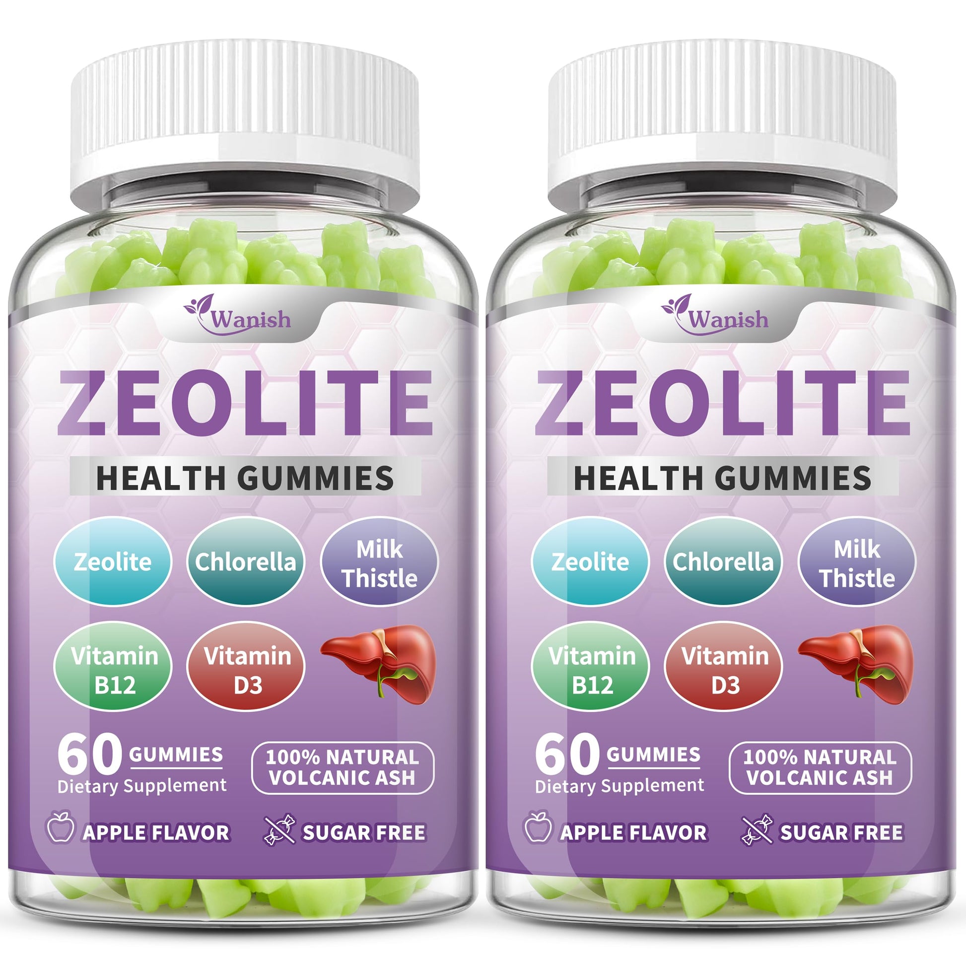 Wanish Zeolite Gummies for Adults with Clinoptilolite, Chlorella, Milk Thistle & Vitamins, 60 Gummies