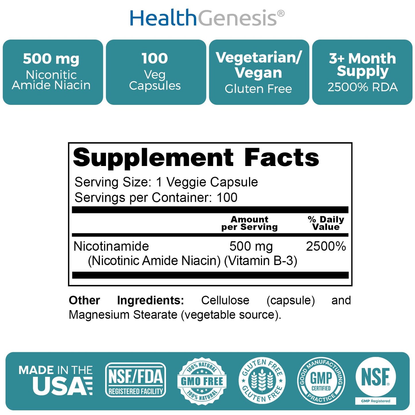 Health Genesis B-3 Nicotinamide 500 mg Capsule, 100 Count