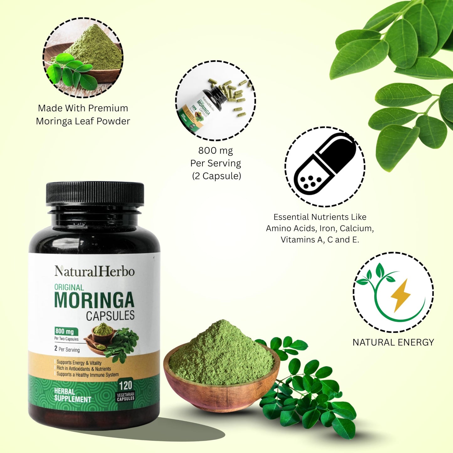 NaturalHerbo Pure Moringa Capsules (800mg), 120 Capsules