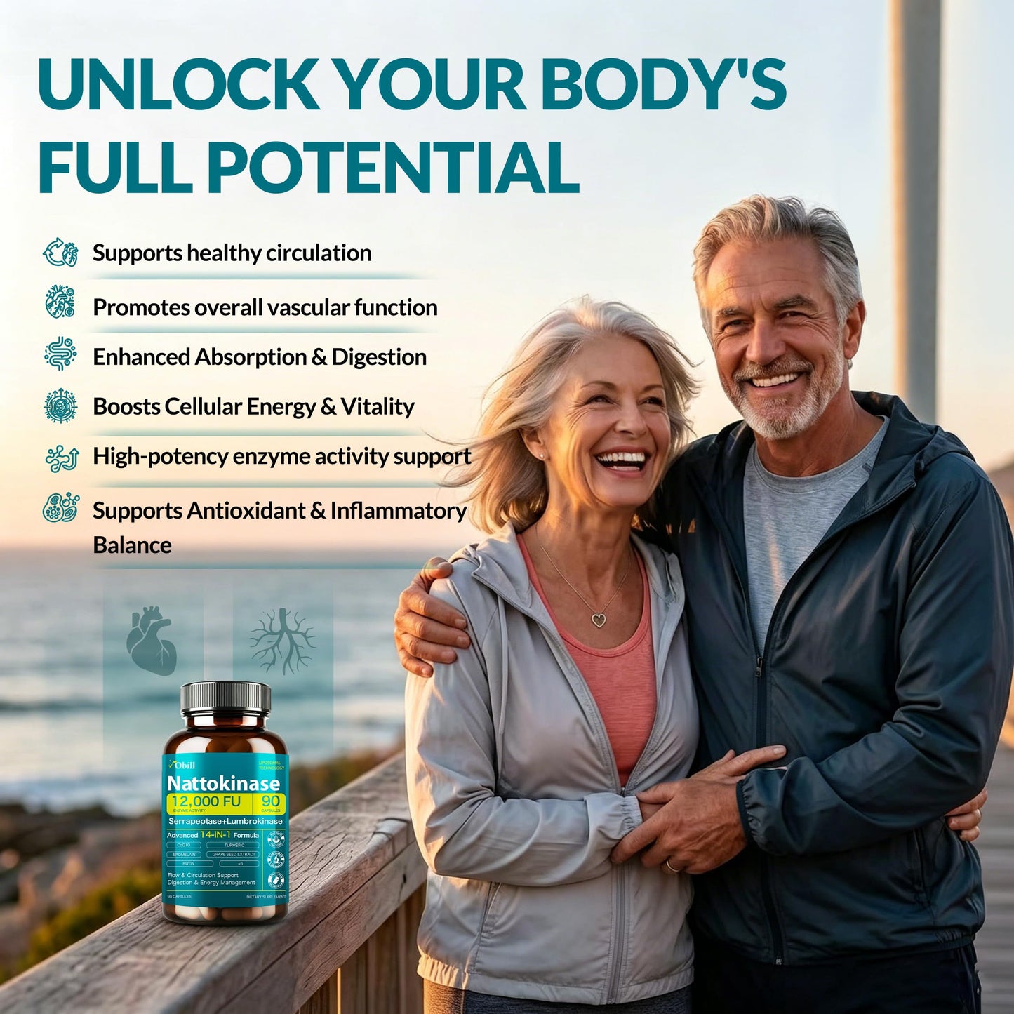 Obill NuTrance Nattokinase & Systemic Enzymes Complex with CoQ10, 180 Capsules