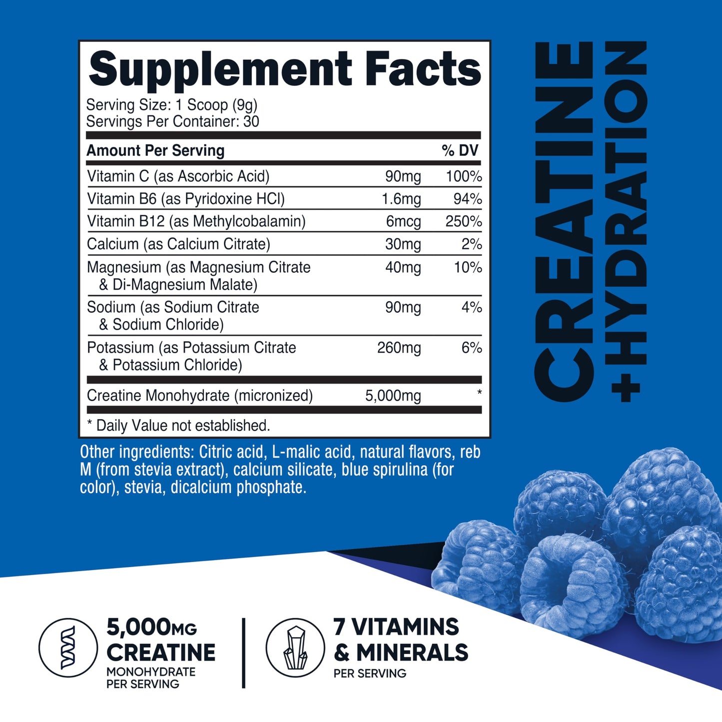 Nutricost Creatine Monohydrate + Hydration Blue Raspberry Flavored Powder, 9.3 oz
