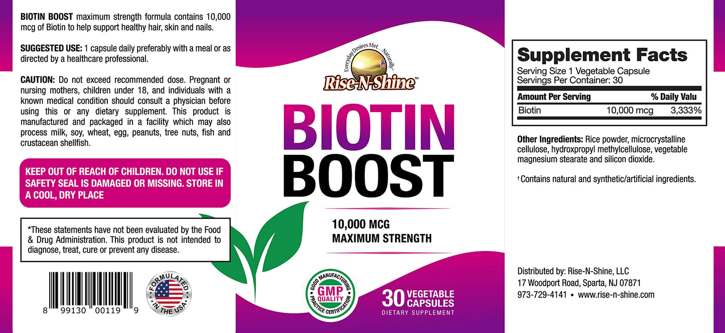 Rise-N-Shine Biotin Boost 10,000 mcg Capsule 30 Count