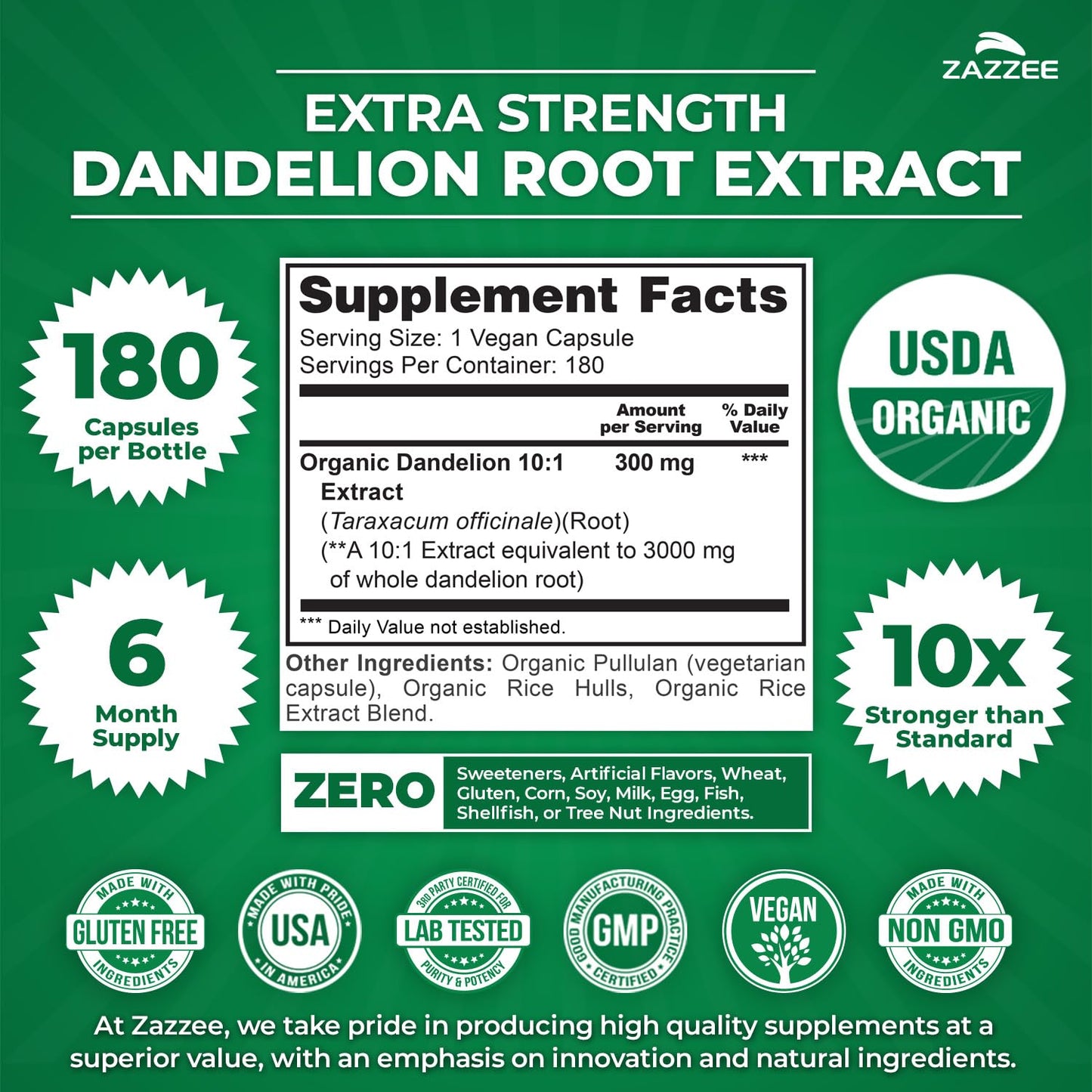 Zazzee USDA Organic Dandelion Root 10:1 Extract, 180 Capsules