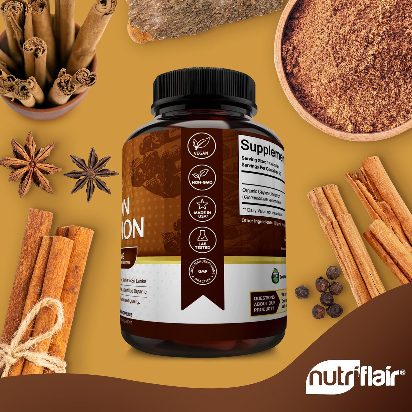 NutriFlair Organic Ceylon Cinnamon Capsules 180 Count