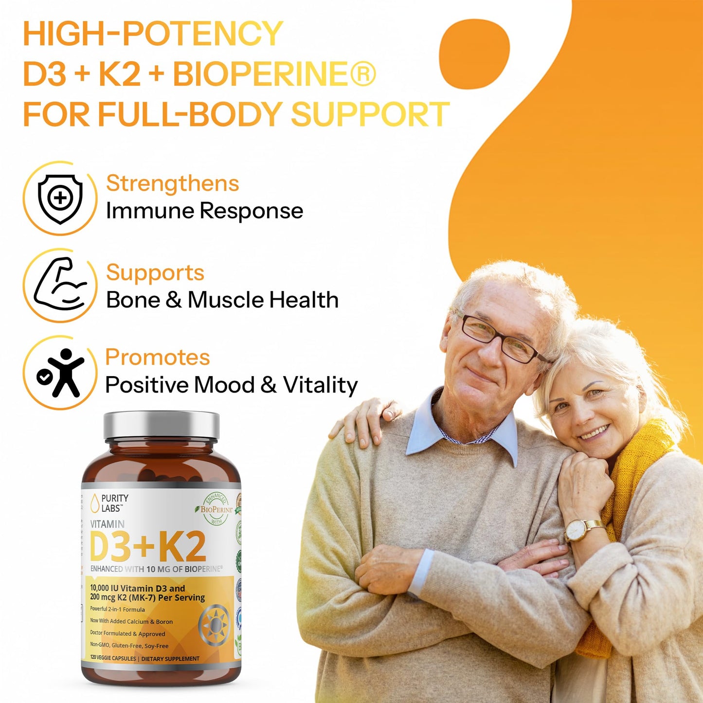 Purity Labs Vitamin D3 K2 10000 IU, 250mcg D3 + 200mcg K2 MK7 Capsule, 120 Count