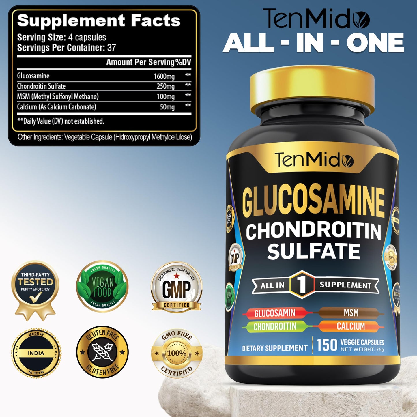 Tenmido Glucosamine Chondroitin MSM Supplement Capsules, 150 Count