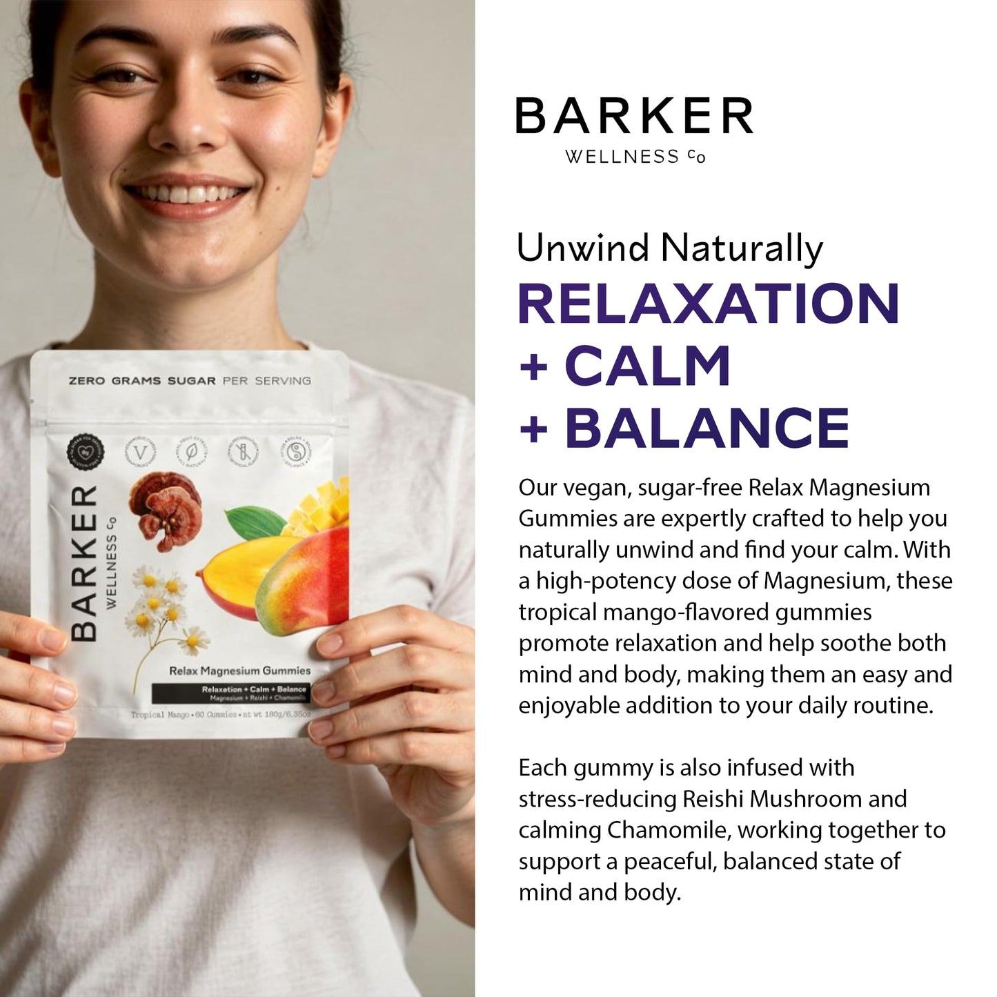 Barker Wellness Co Magnesium Gummies for Calm & Relaxation – Reishi, 60 Gummies