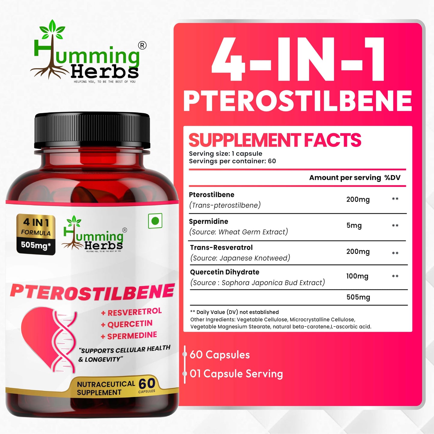 Humming Herbs Pterostilbene Supplement Complex with Trans-Resveratrol, Quercetin & Spermidine – Antioxidant Support for Cellular Health Capsule, 60 Capsules