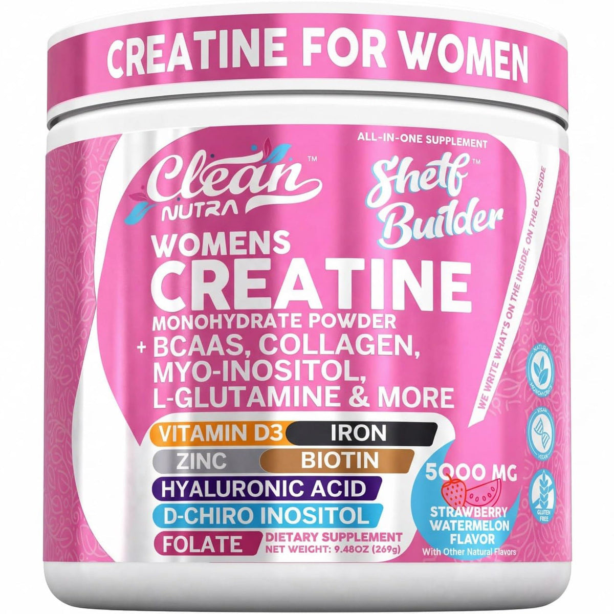Creatine for Women Strawberry Watermelon Flavor | Creatine Monohydrate + BCAA Powder Myo-Inositol Collagen Biotin Hyaluronic Acid Folate L Glutamine D3 Iron Zinc Maca Root Shelf Builder Clean Nutra